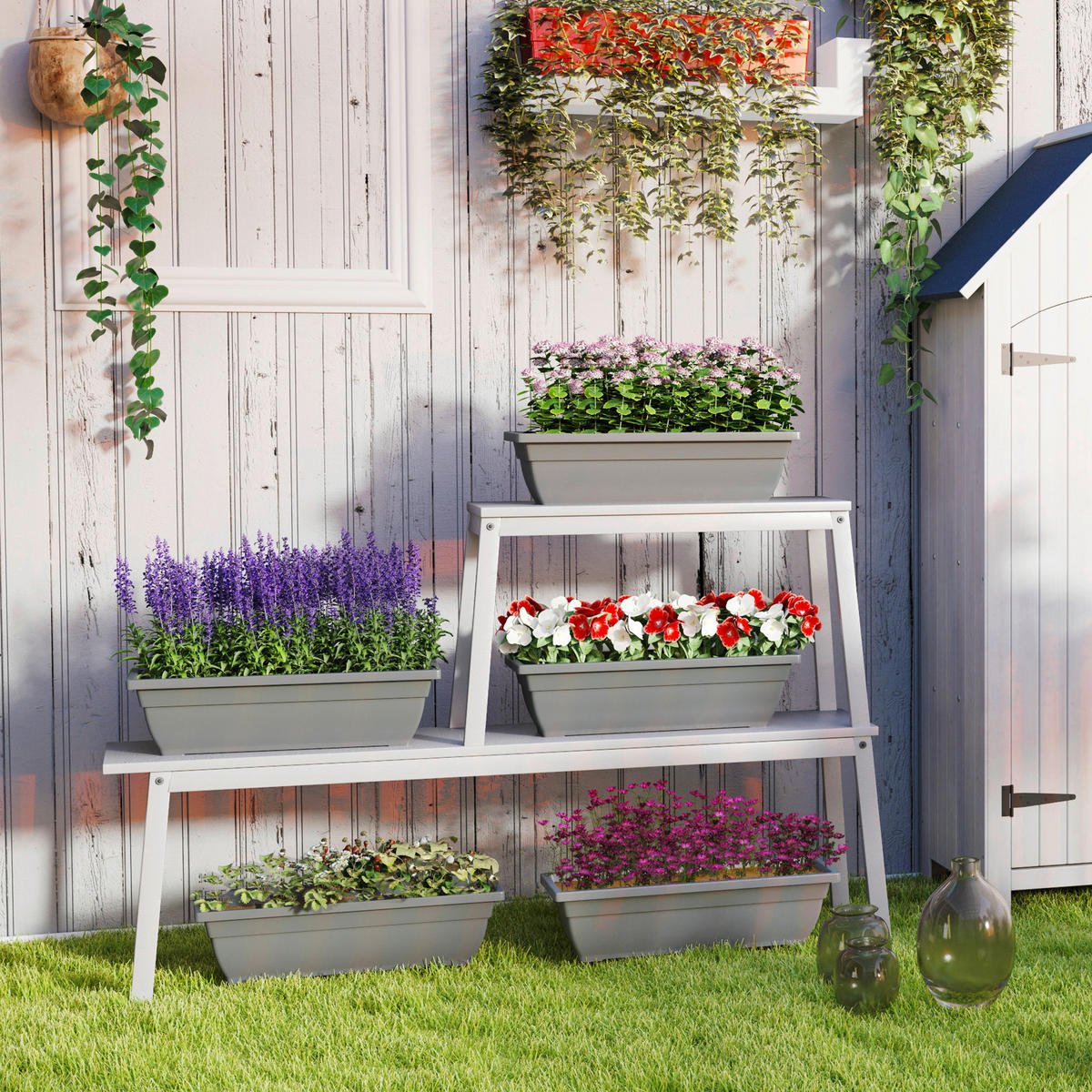 Outsunny Pflanztopf 5er Set grau Kunststoff B/H/L: ca. 21x16x59 cm Pflanztöpfe 5er Set - grau (59,00/21,00/16,00cm) - Outsunny