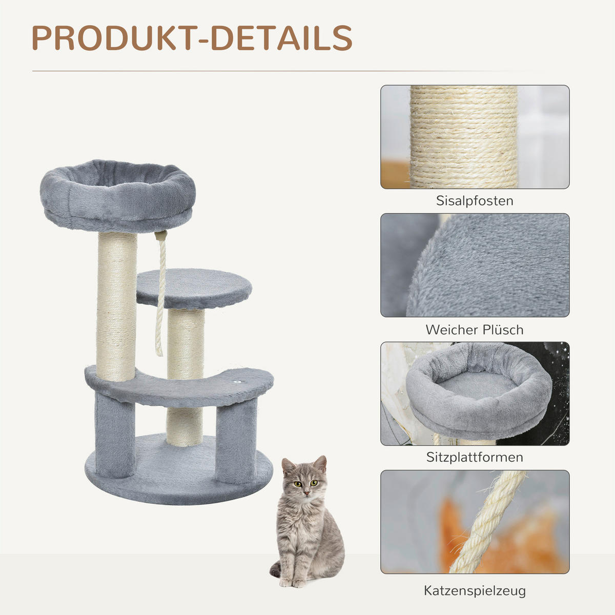PawHut Katzen-Zubehör grau Polypropylen B/H/L: ca. 40x40x65 cm Katzenbaum - grau (65,00/40,00/40,00cm) - PawHut