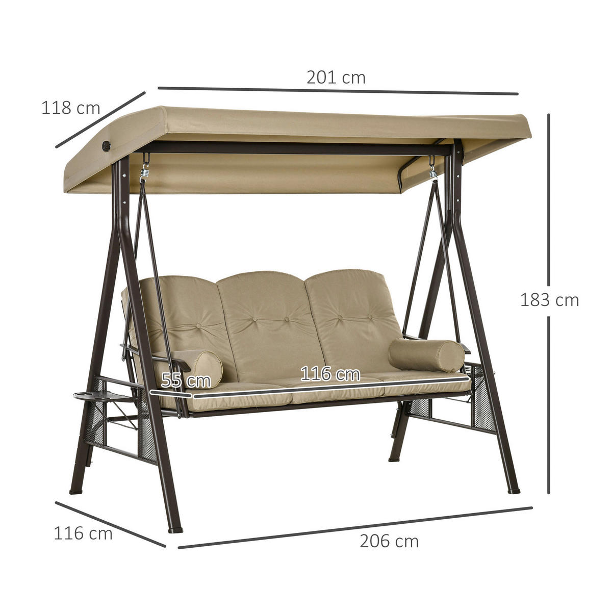 Outsunny Hollywoodschaukel khaki Polyester B/H/L: ca. 206x183x116 cm Hollywoodschaukel - khaki (116,00/206,00/183,00cm) - Outsunny