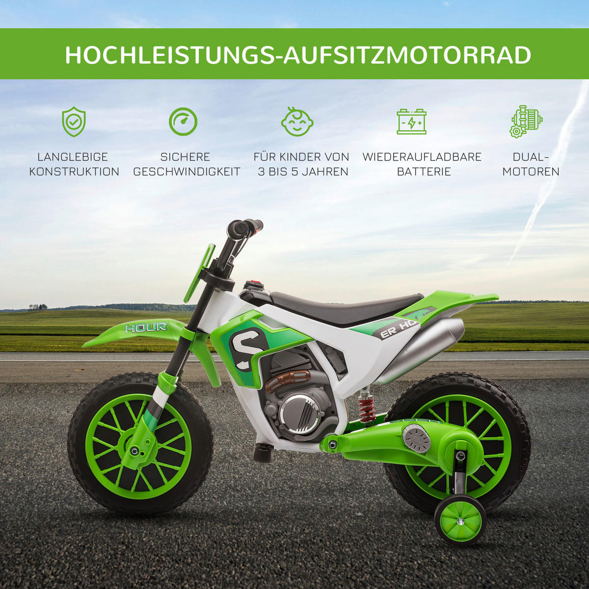 HOMCOM Kinder-Elektromotorrad grün B/H/L: ca. 51,5x68x106,5 cm Kinder-Elektromotorrad - grün (106,50/51,50/68,00cm) - HOMCOM