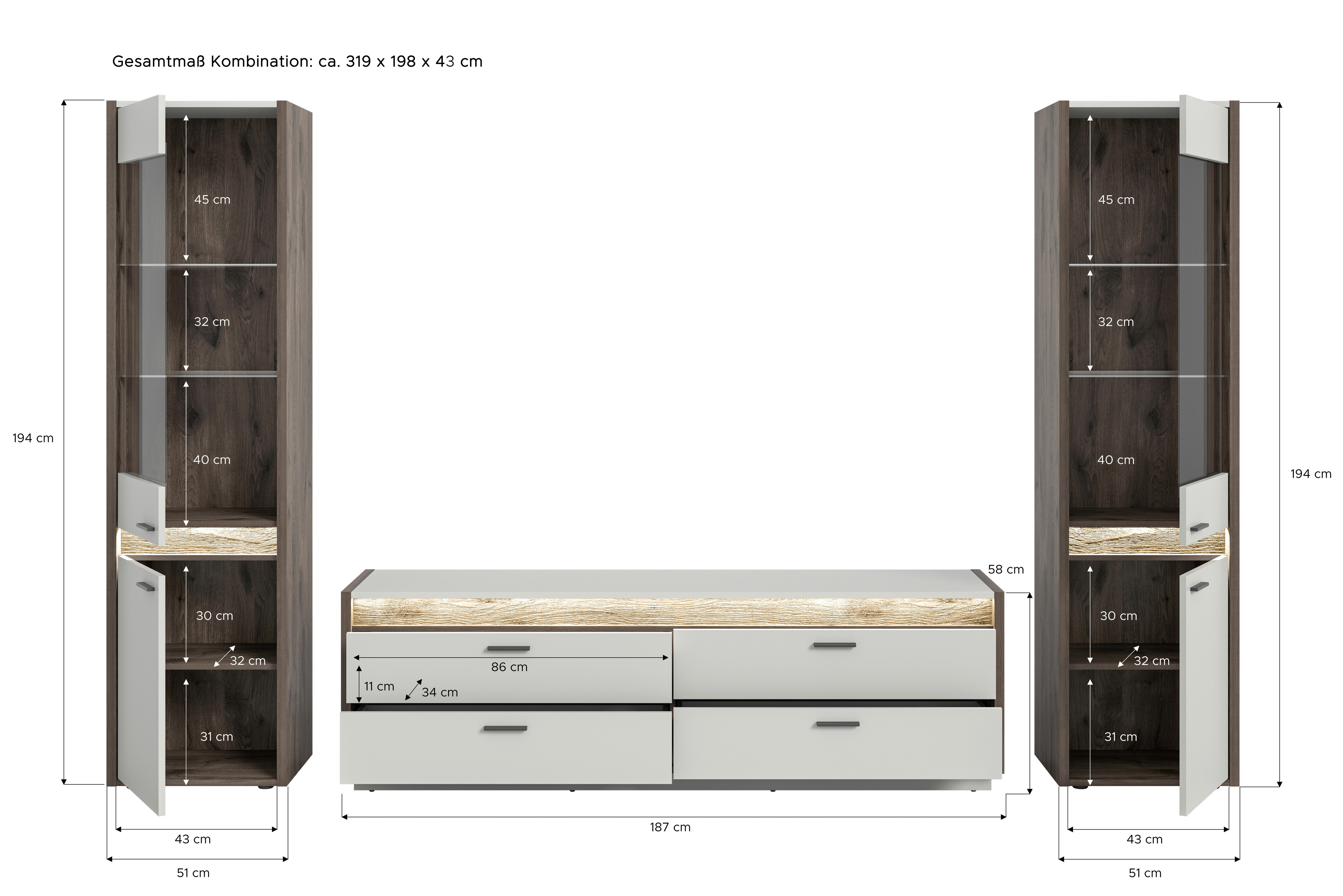 Wohnwand Falcona Nox Oak Nachbildung hellgrau B/H/T: ca. 319x198x43 cm Falcona - hellgrau (319,00/198,00/43,00cm) - xonox.home