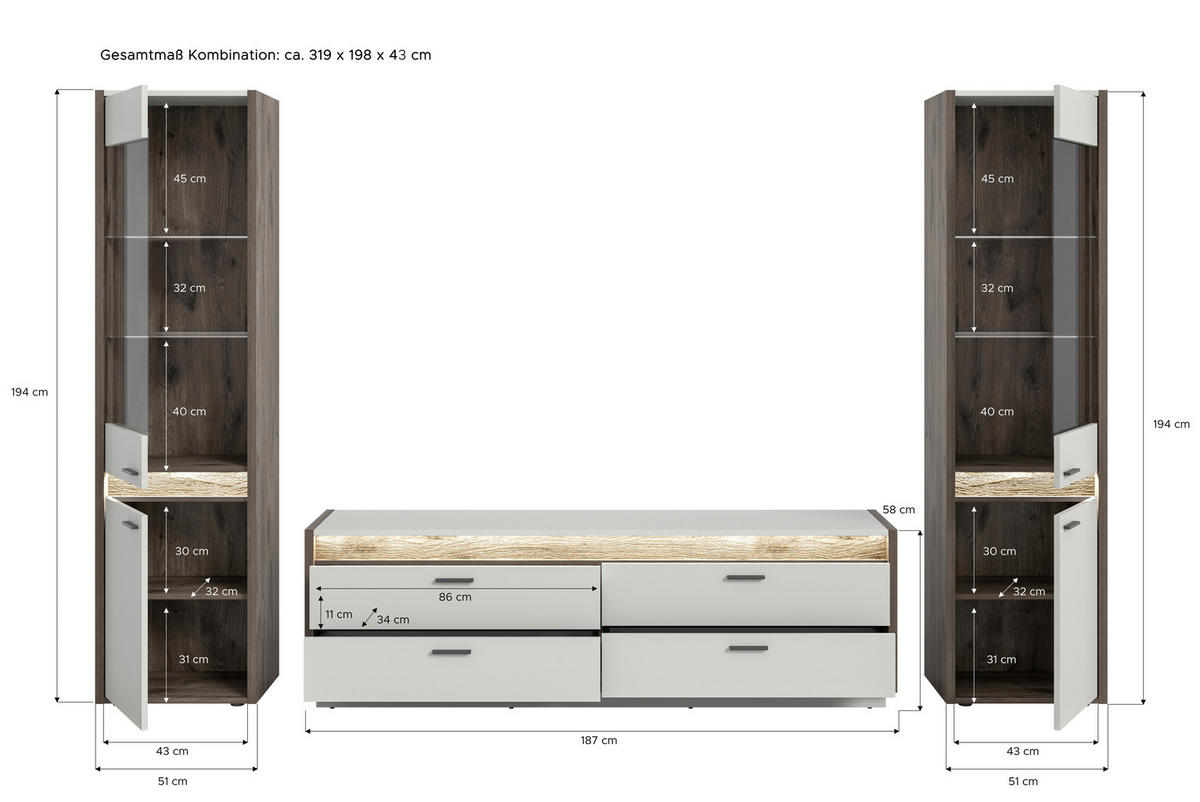 Wohnwand Falcona Nox Oak Nachbildung hellgrau B/H/T: ca. 319x198x43 cm Falcona - hellgrau (319,00/198,00/43,00cm) - xonox.home