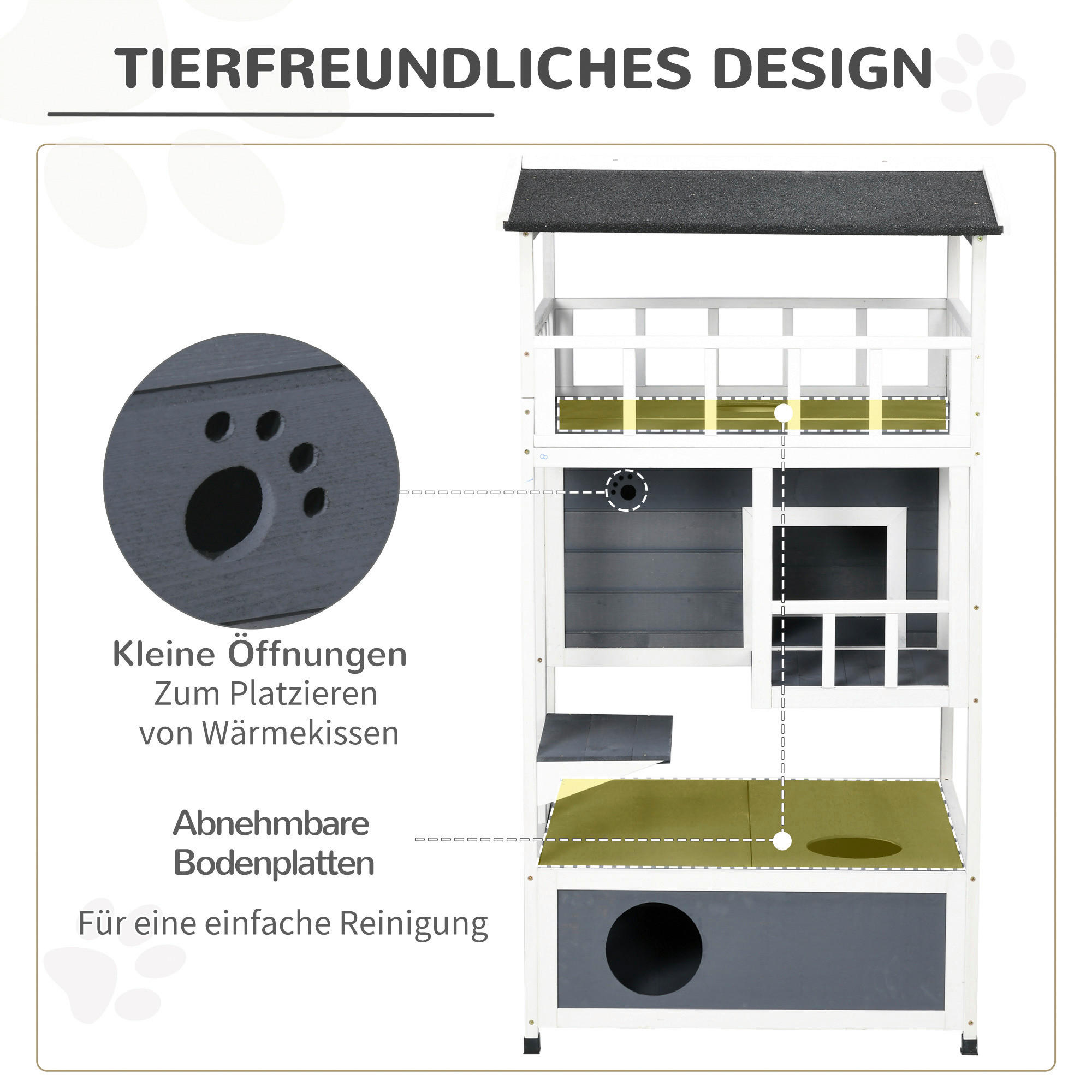 PawHut Katzenhaus weiß Holz B/H/L: ca. 75x137x75,5 cm Katzenhaus - weiß/grau (75,50/75,00/137,00cm) - PawHut