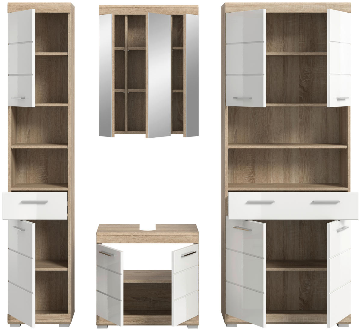 Badezimmer-Set Lambada Eiche Sonoma Nachbildung weiß Hochglanz B/H/T: ca. 186x191x34 cm Lambada - Eiche/weiß (186,00/191,00/34,00cm) - xonox.home