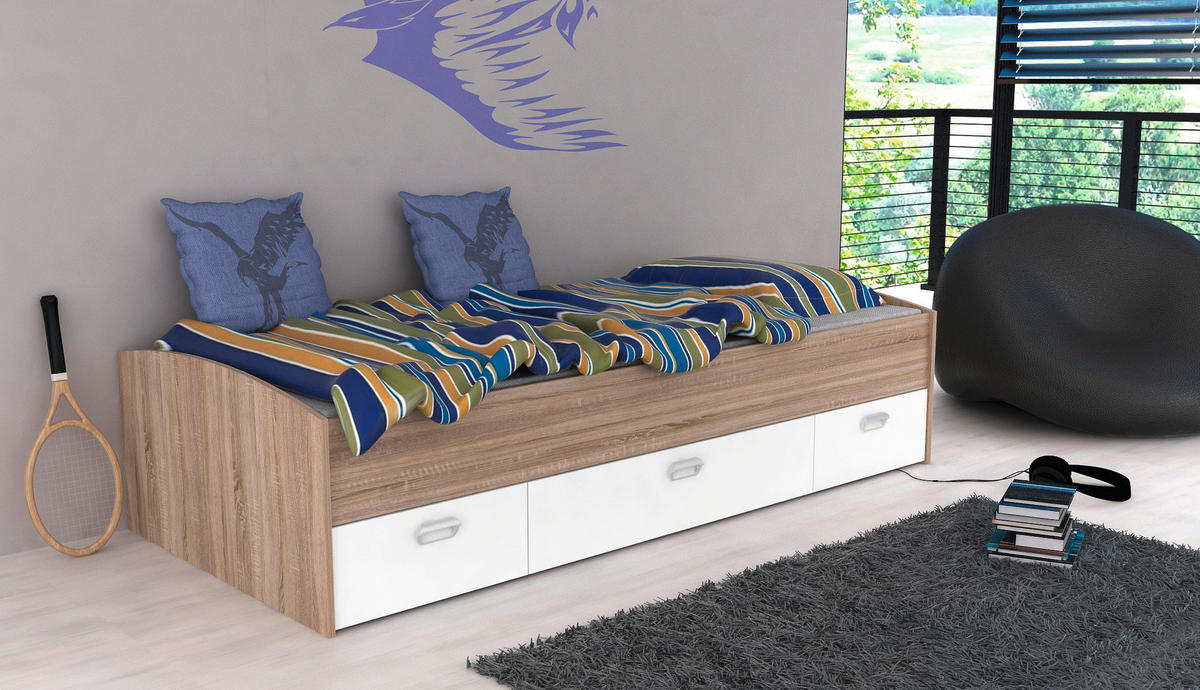 Jugendbett  Eiche Sonoma Nachbildung Liegefläche B/L: ca. 90x200 cm Mia_Jugendbett - Eiche/weiß (94,00/50,00/203,50cm)