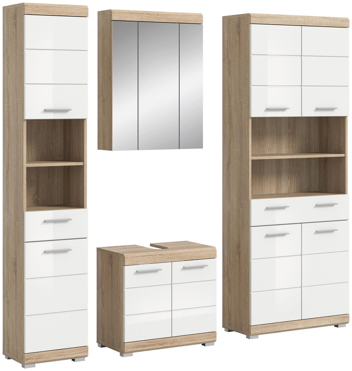 Badezimmer-Set Lambada Eiche Sonoma Nachbildung weiß Hochglanz B/H/T: ca. 186x191x34 cm Lambada - Eiche/weiß (186,00/191,00/34,00cm) - xonox.home