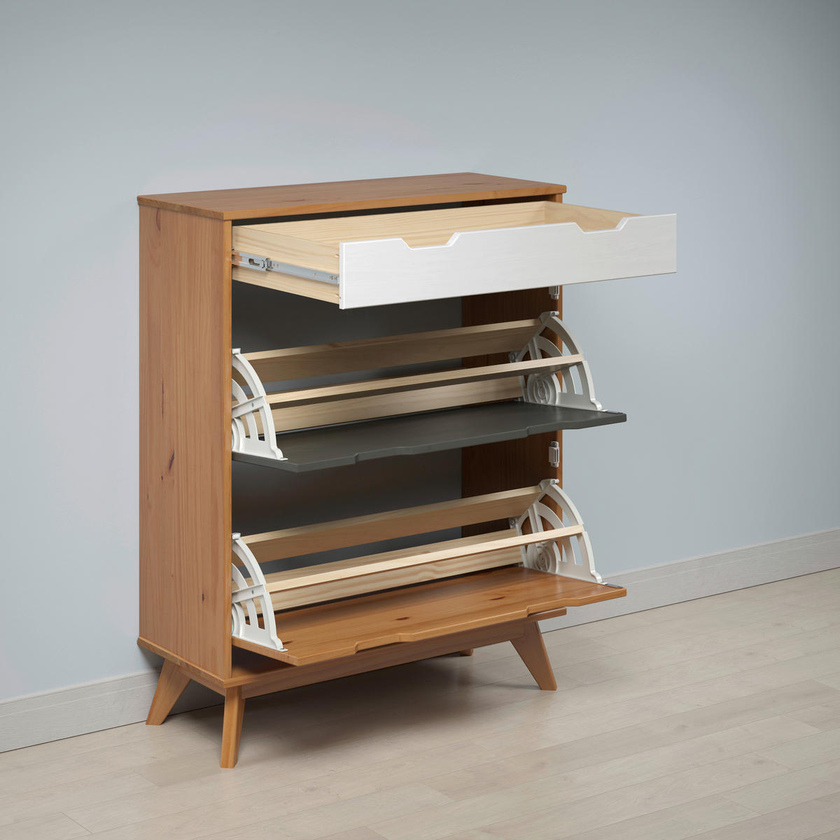 Schuhkipper Scandik kiefer Honig lackiert Optik weiß grau B/H/T: ca. 80x102x33 cm Scandik - kiefer/weiß, Honig (80,00/102,00/33,00cm)