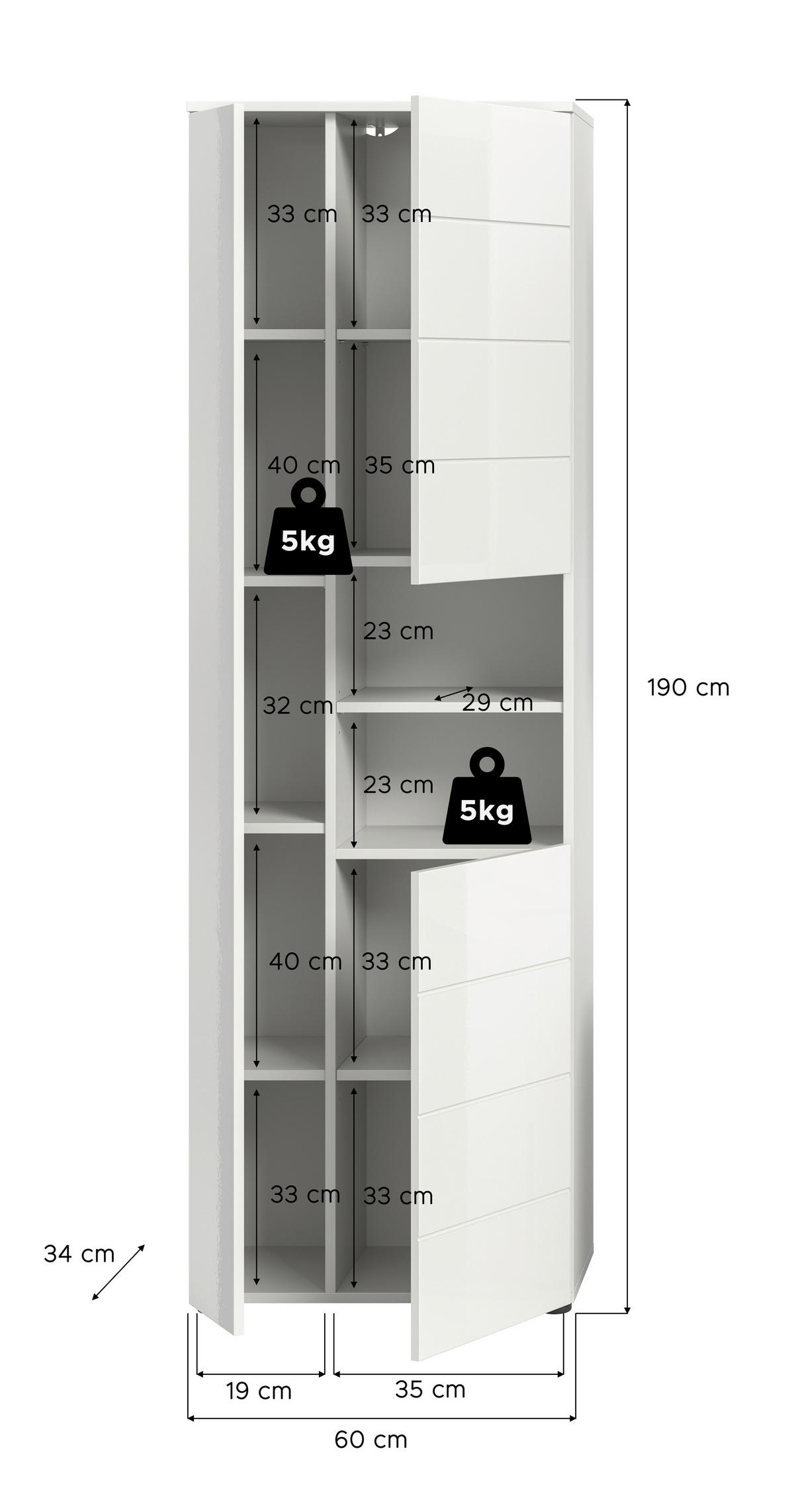 Badhochschrank VIRA weiß weiß Hochglanz B/H/T: ca. 60x190x34 cm VIRA - weiß (60,00/190,00/34,00cm) - xonox.home
