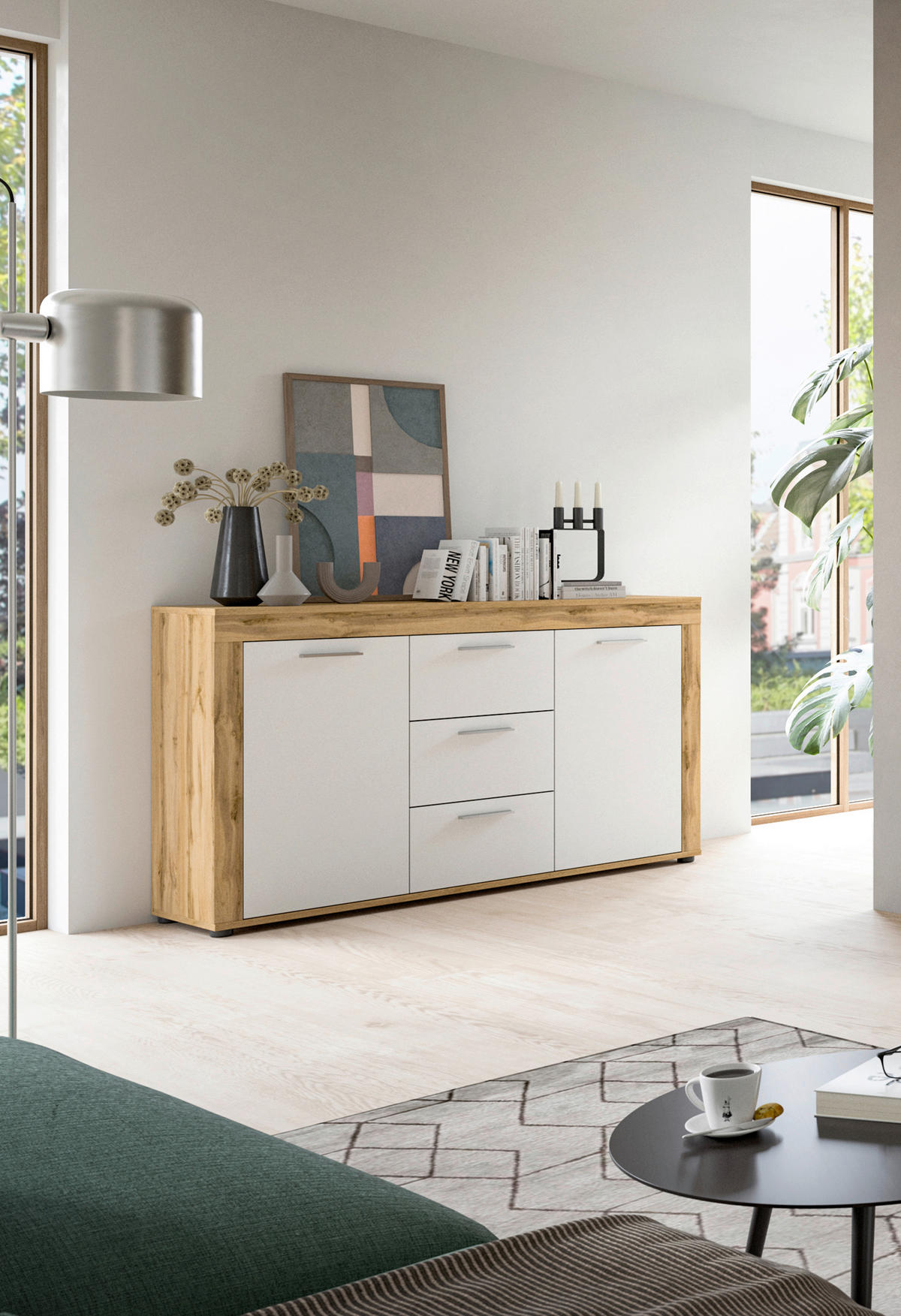 Sideboard Jam Eiche Wotan Nachbildung weiß B/H/T: ca. 125x80x35 cm Jam - Eiche/weiß (125,00/80,00/35,00cm) - xonox.home