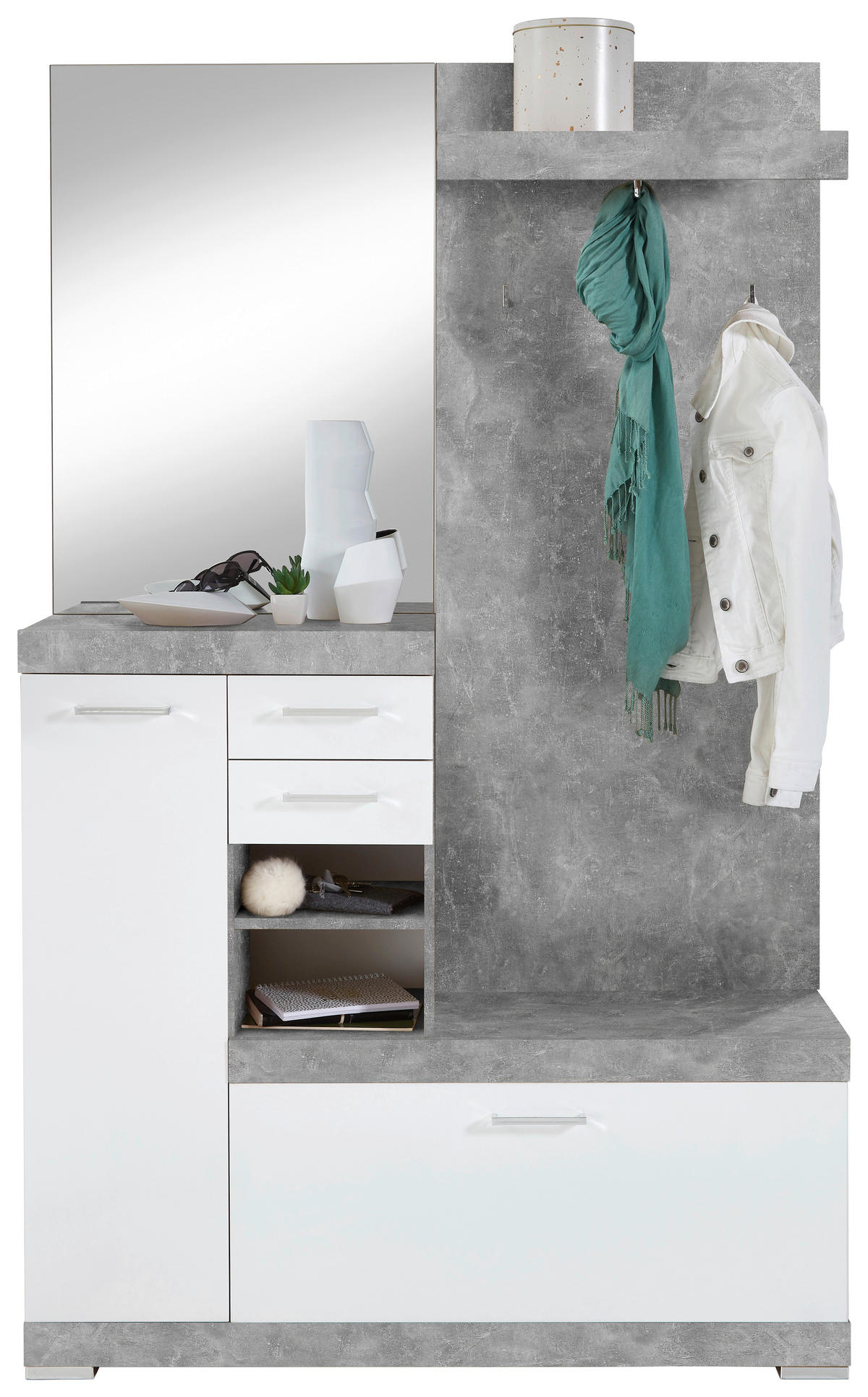 Garderobe  Beton Optik weiß glänzend B/H/T: ca. 120x193,5x35,5 cm Bristol_Kompaktgarderobe 1000 - weiß (120,00/193,50/35,50cm)