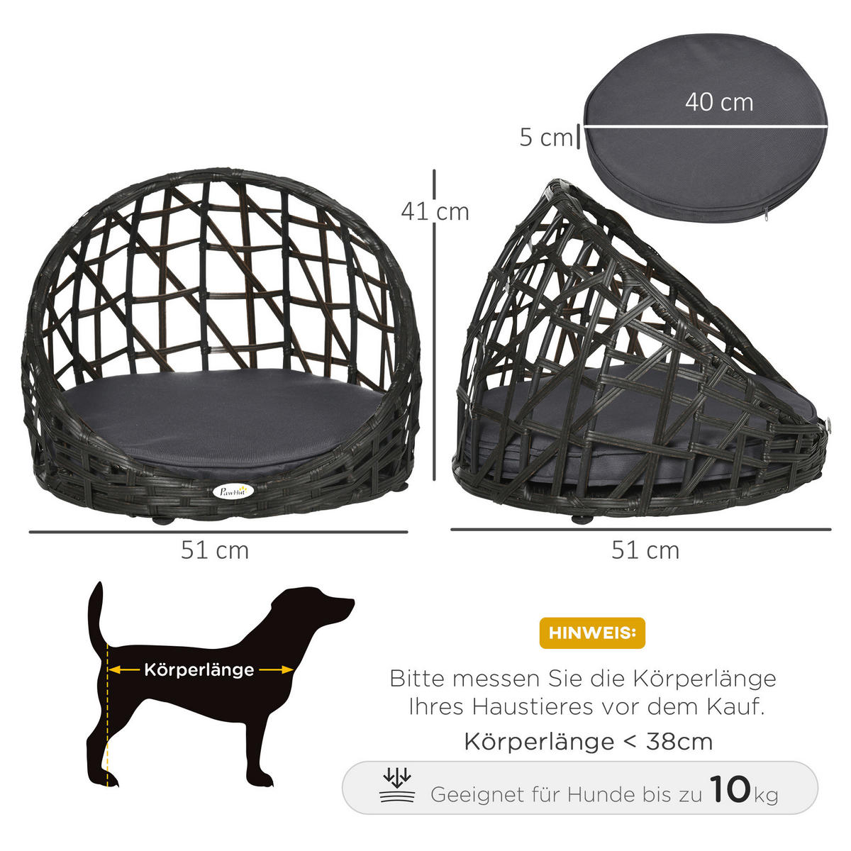 PawHut Hunde-Zubehör schwarz Edelstahl B/H/L: ca. 51x51x41 cm Hundehütte - schwarz (41,00/51,00/51,00cm) - PawHut