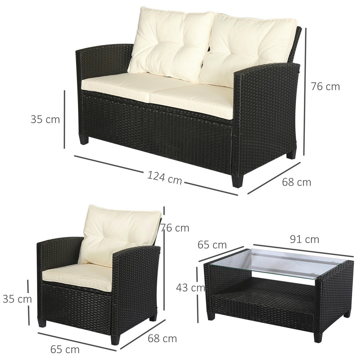 Outsunny Sitzgruppe cremeweiß Polyrattan B/H/L: ca. 68x124x76 cm Gartenmöbel-Set - schwarz/cremeweiß (76,00/68,00/124,00cm) - Outsunny