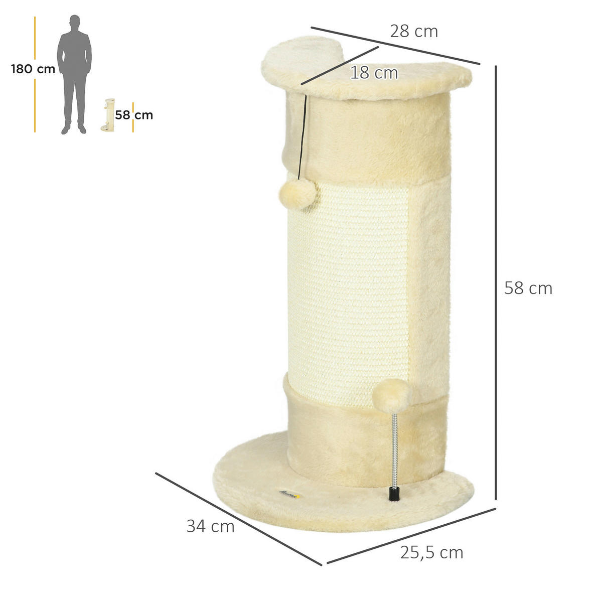 PawHut Kratzbaum cremeweiß Sisal B/H/L: ca. 25,5x58x34 cm Kratzbaum - cremeweiß (34,00/25,50/58,00cm) - PawHut