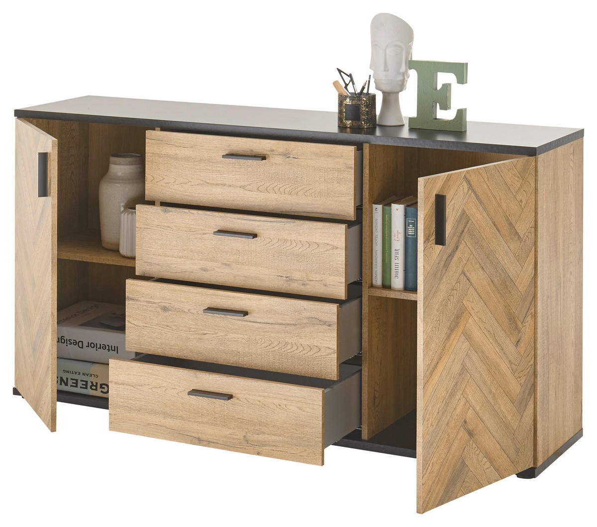 Kommode Sevilla Eiche Bartex Nachbildung schwarz B/H/T: ca. 154x83x38 cm Sevilla - schwarz (154,00/83,00/38,00cm)