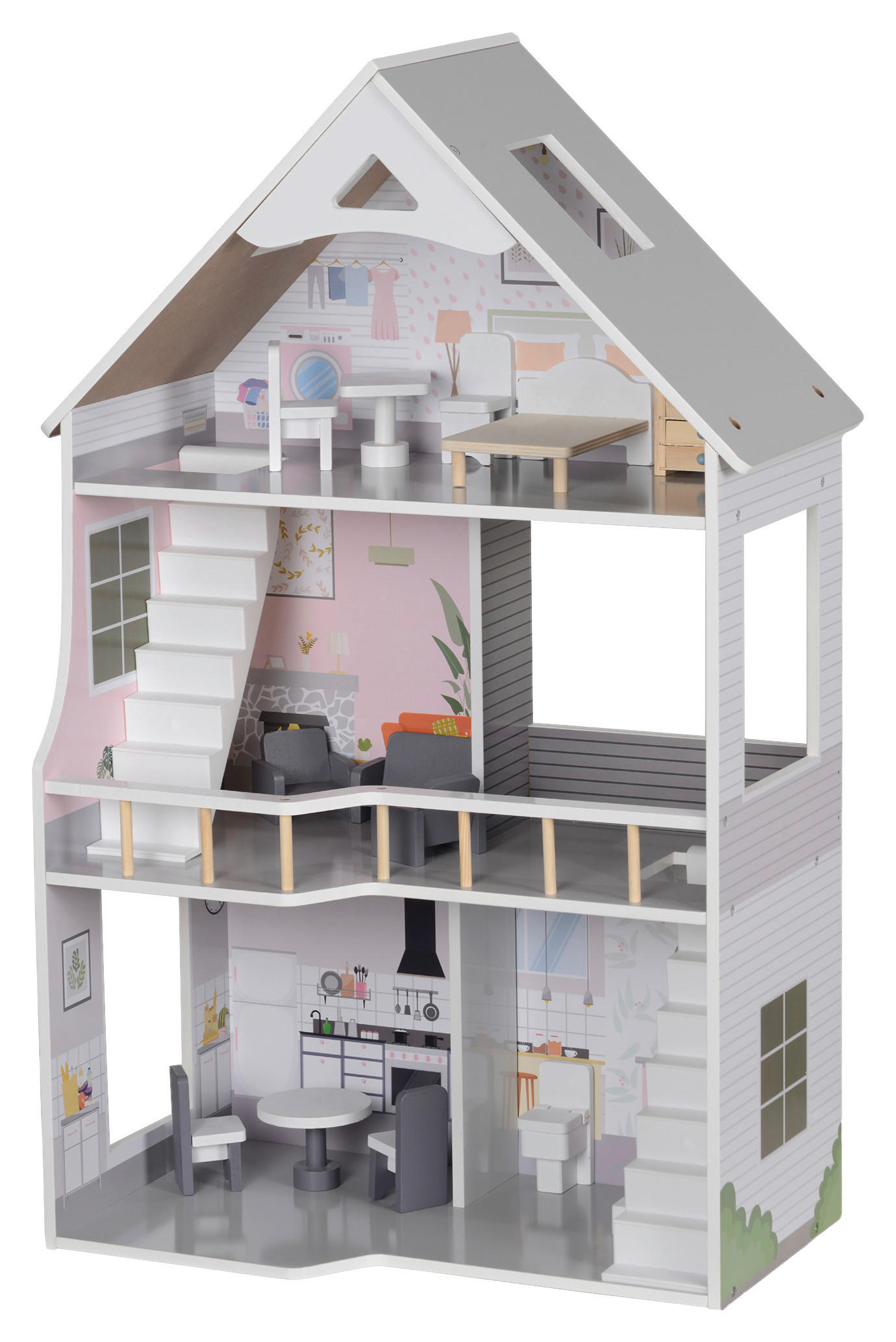 AIYAPLAY Puppenhaus grau Kiefer B/H/L: ca. 29,1x85,3x53,5 cm Puppenhaus - grau (53,50/29,10/85,30cm) - AIYAPLAY