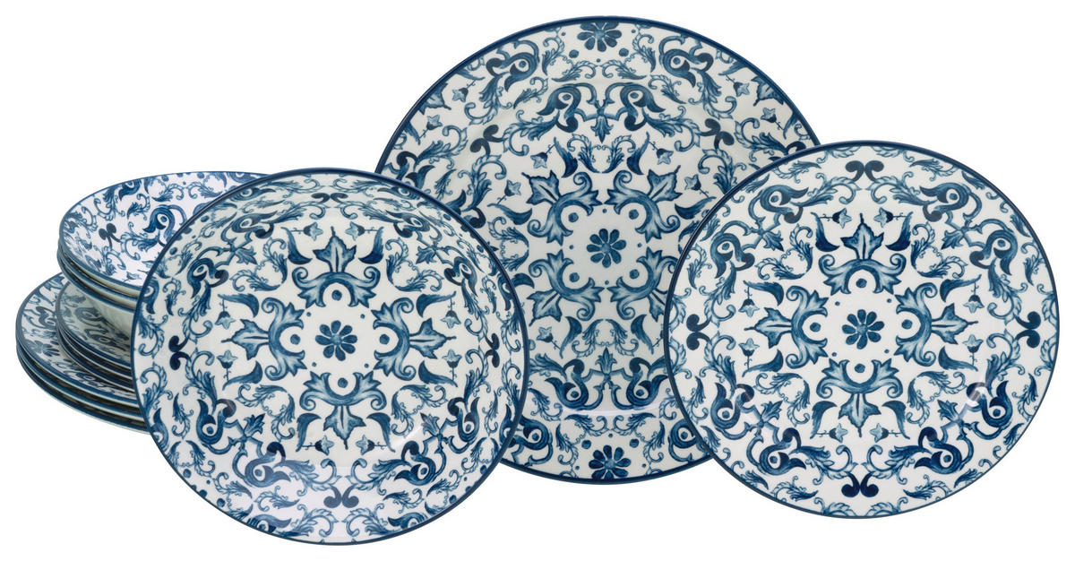 CreaTable Tafelservice Fresco blau Steingut 12 tlg. Fresco - blau (31,00/30,00/23,00cm) - CreaTable