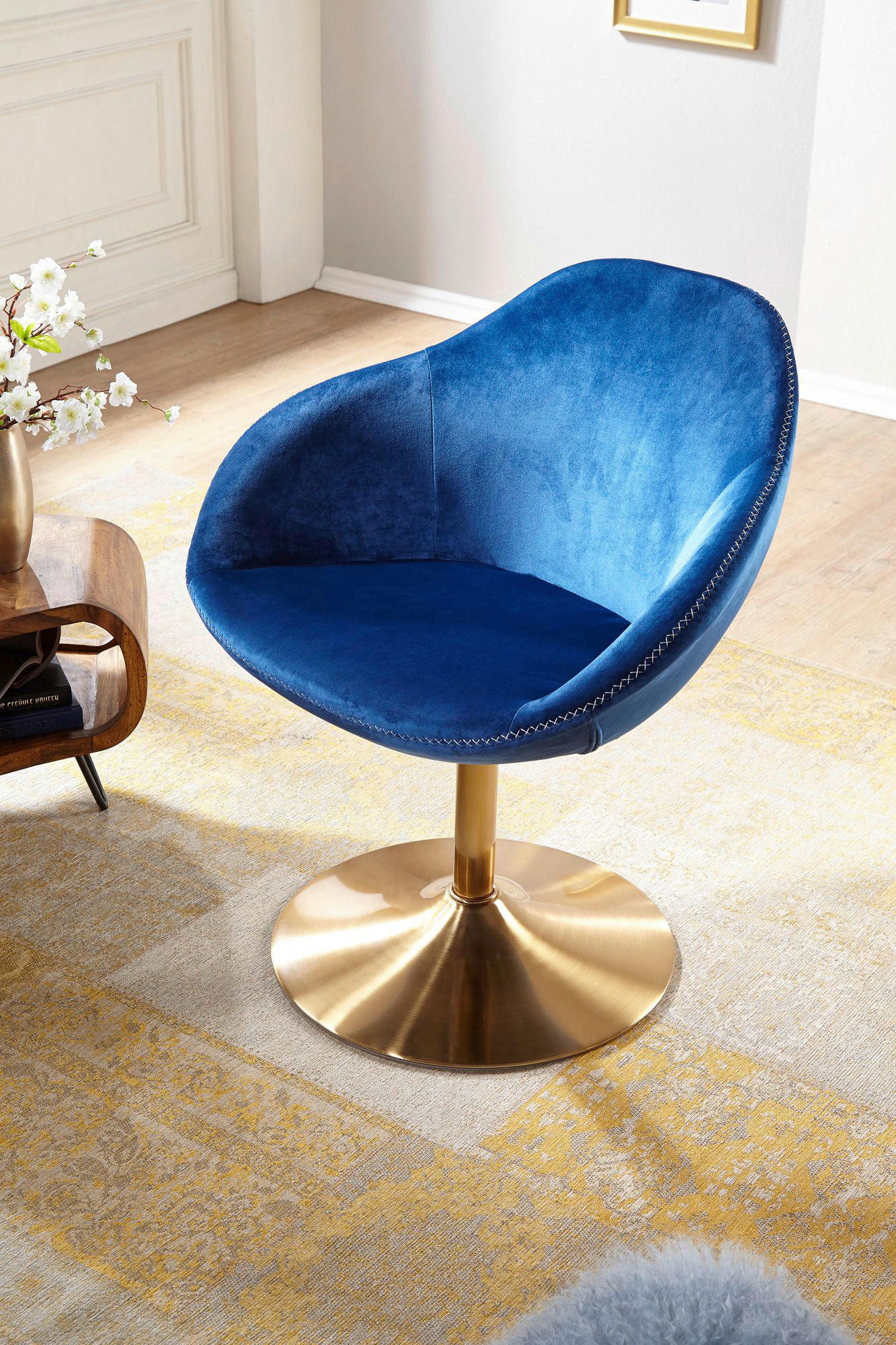 Wohnling Sessel blau gold Samt Eisen B/H/T: ca. 70x79x70 cm Loungesessel - blau/gold (70,00/79,00/70,00cm) - Wohnling