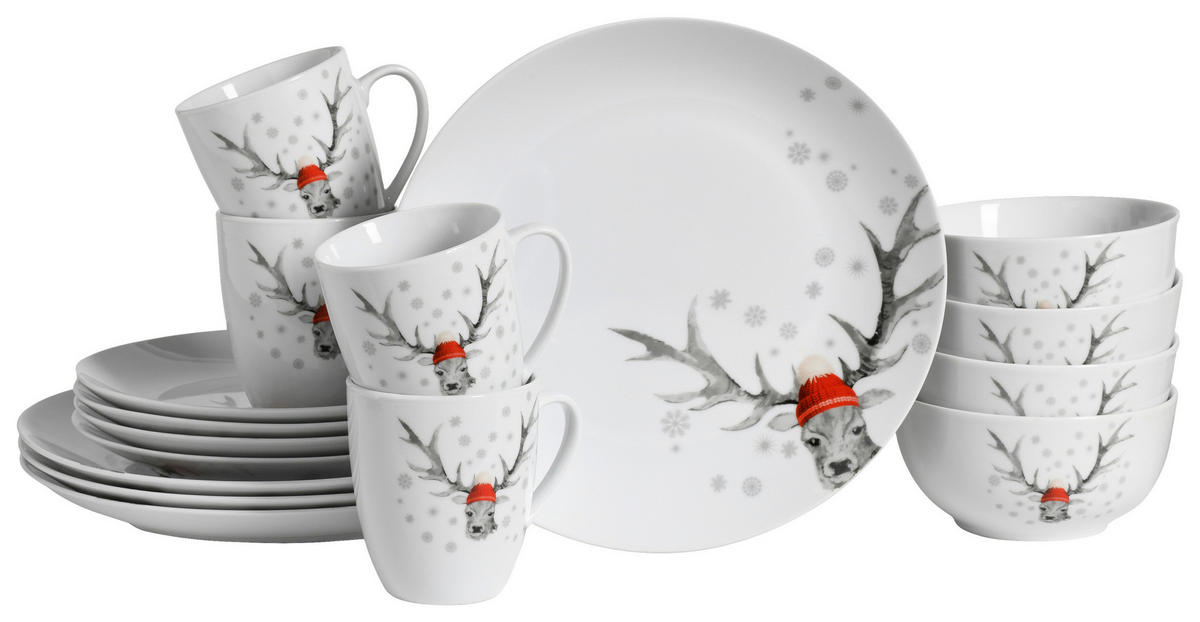CreaTable Kombiservice Hirsch weiß Porzellan 16 tlg. Hirsch - weiß - CreaTable