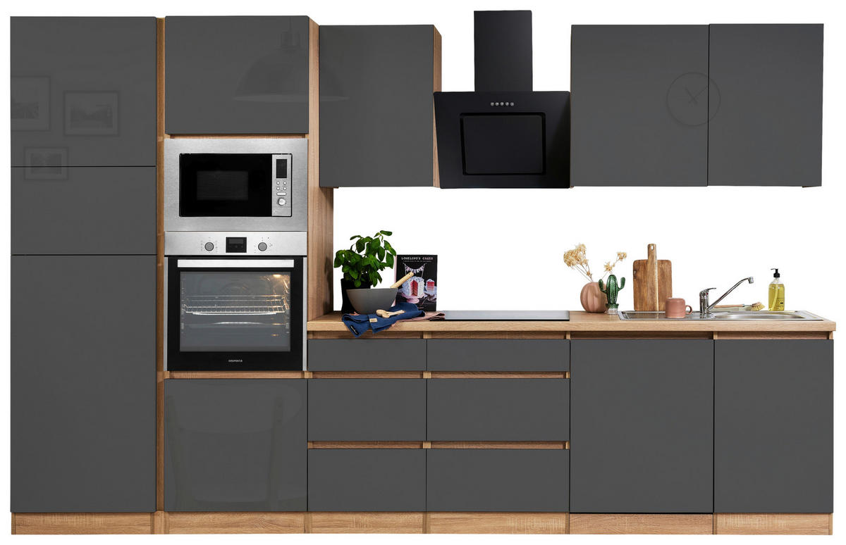 Respekta Küchenblock Premium grau hochglänzend B/H/T: ca. 345x220,5x60 cm Premium - Eiche/grau (345,00/220,50/60,00cm) - Respekta
