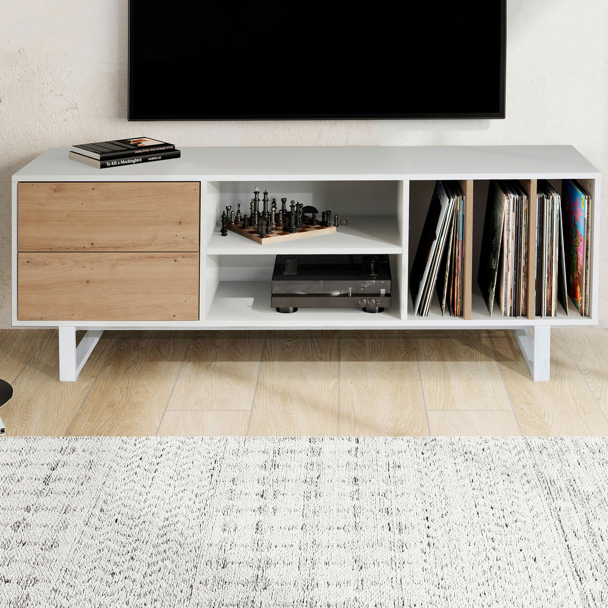 Lowboard weiß Eiche Optik B/H/T: ca. 150x55x40 cm TV & Lowboard - weiß (150,00/55,00/40,00cm) - Wohnling