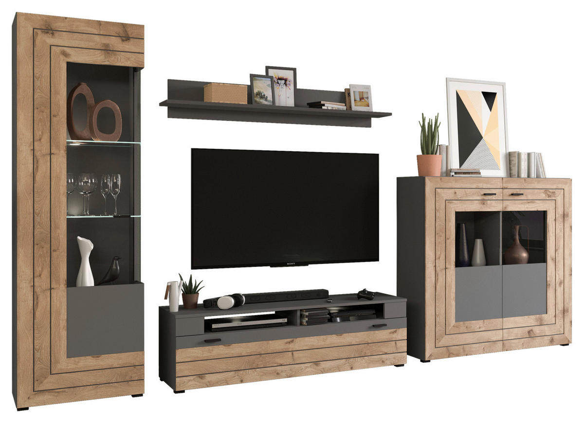 Wohnwand Freno grau matt Eiche Nox Oak Nachbildung B/H/T: ca. 350x195x40 cm Freno - Eiche/grau (350,00/195,00/40,00cm) - xonox.home