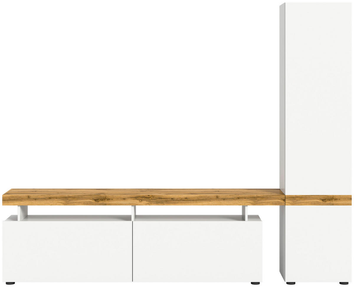 Wohnwand Sugar weiß Eiche Wotan Nachbildung B/H/T: ca. 235x190x30 cm Sugar - Eiche/weiß (235,00/190,00/30,00cm) - xonox.home