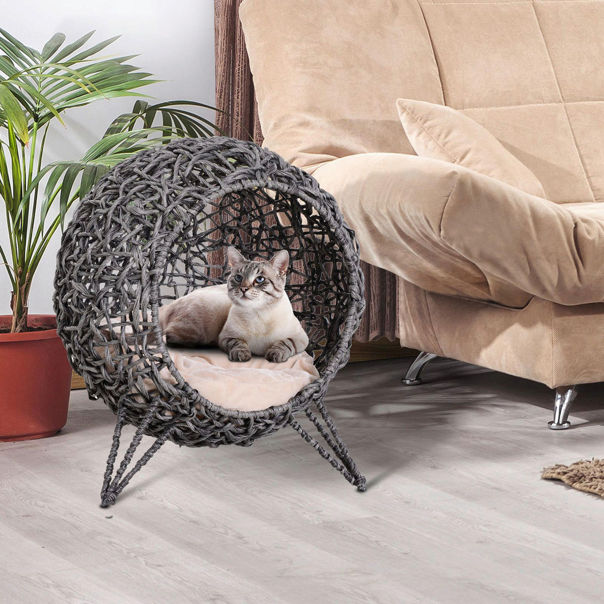 PawHut Katzenkorb Silbergrau Rattan B/H/L: ca. 52x58x52 cm Katzenkorb - Silbergrau (52,00/52,00/58,00cm) - PawHut