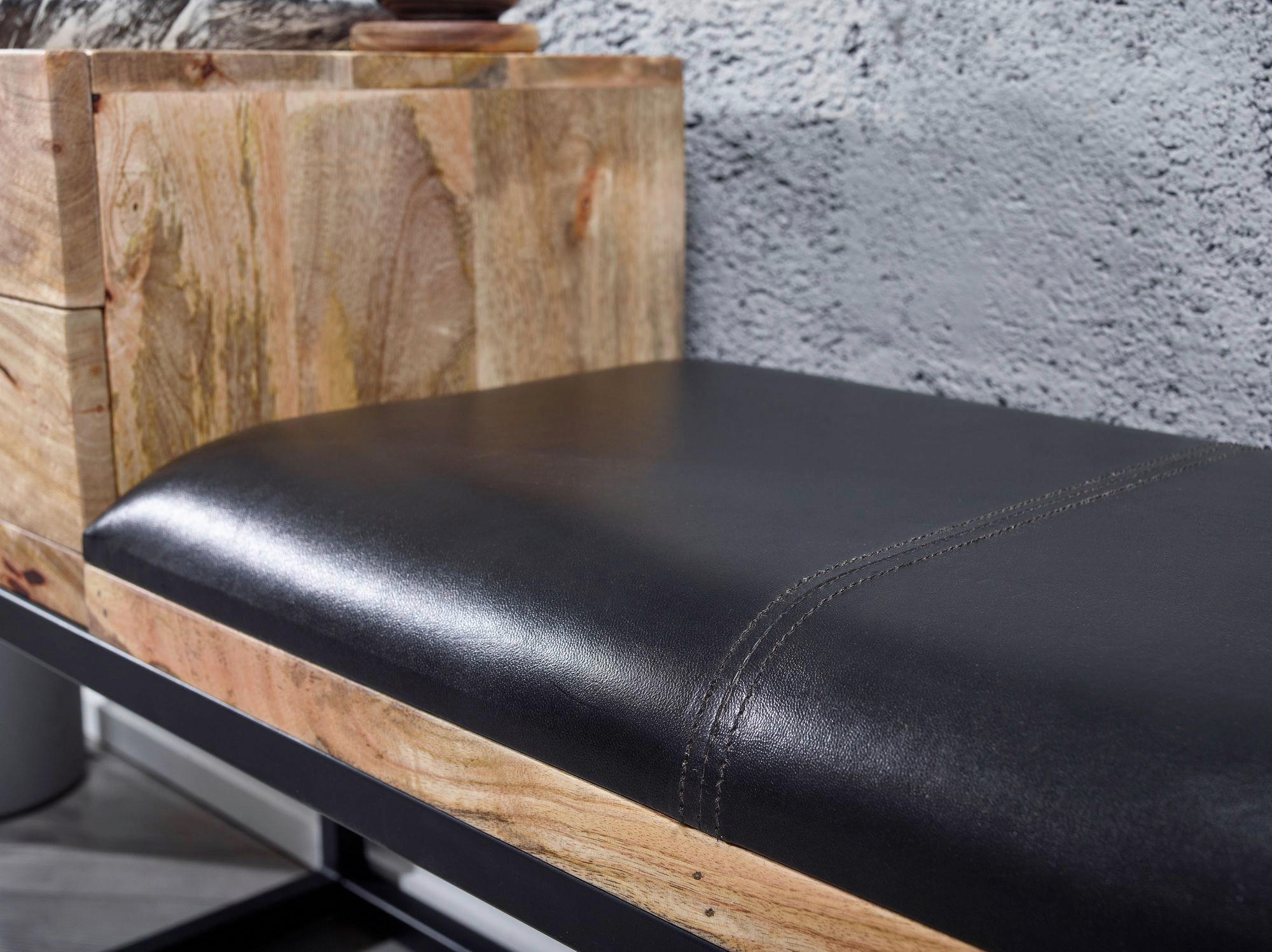 Wohnling Sitzbank natur schwarz schwarz Echtholz Leder Eisen B/H/T: ca. 100x60x35 cm Sitzbank - natur/schwarz (100,00/60,00/35,00cm) - Wohnling