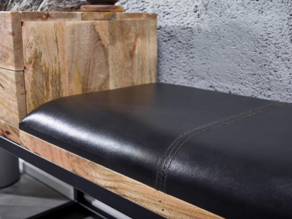 Wohnling Sitzbank natur schwarz schwarz Echtholz Leder Eisen B/H/T: ca. 100x60x35 cm Sitzbank - natur/schwarz (100,00/60,00/35,00cm) - Wohnling