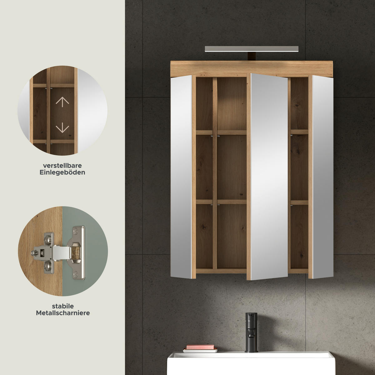 Spiegelschrank Scout Eiche Artisan Nachbildung salbei Nachbildung B/H/T: ca. 60x79x37 cm Scout - Eiche/salbei (60,00/79,00/37,00cm) - xonox.home