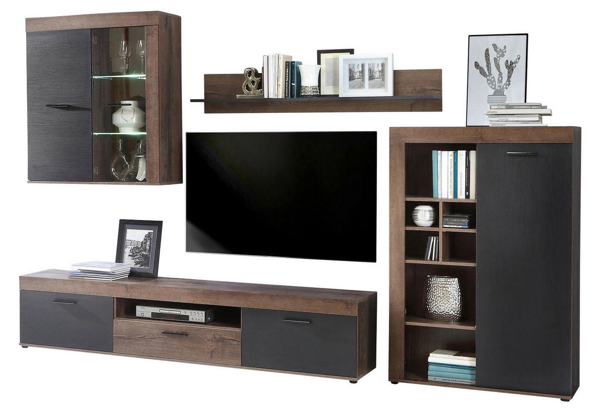 Wohnwand  Eiche Schlamm Nachbildung schwarz Eiche Nachbildung B/H/T: ca. 300x201x39 cm Valentin_Wohnwand VTNM01L-N09 - Eiche/schwarz (300,00/201,00/39,00cm)