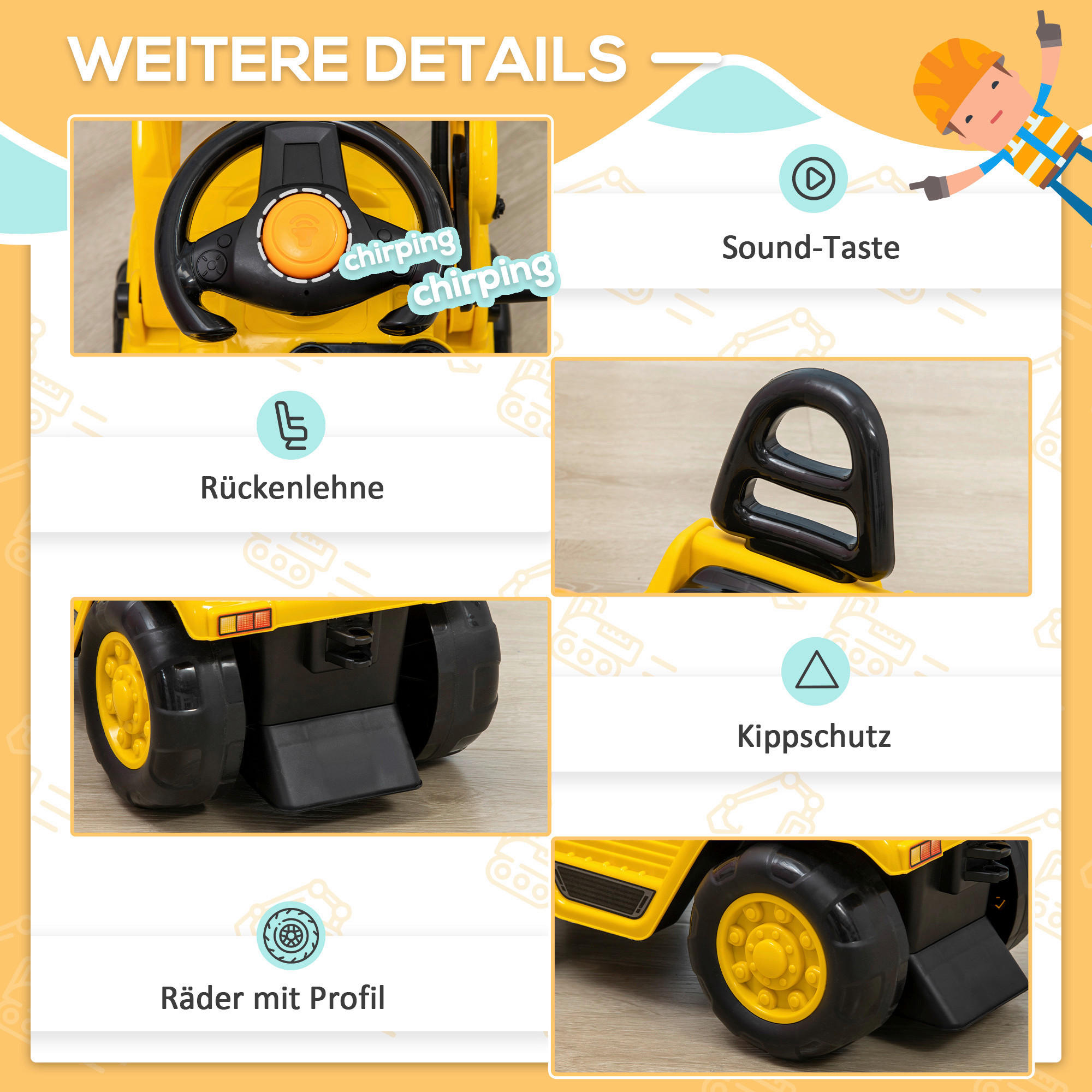 HOMCOM Kinder-Fahrzeug gelb B/H/L: ca. 27x83x39 cm Sitzbagger - gelb/schwarz (39,00/27,00/83,00cm) - HOMCOM