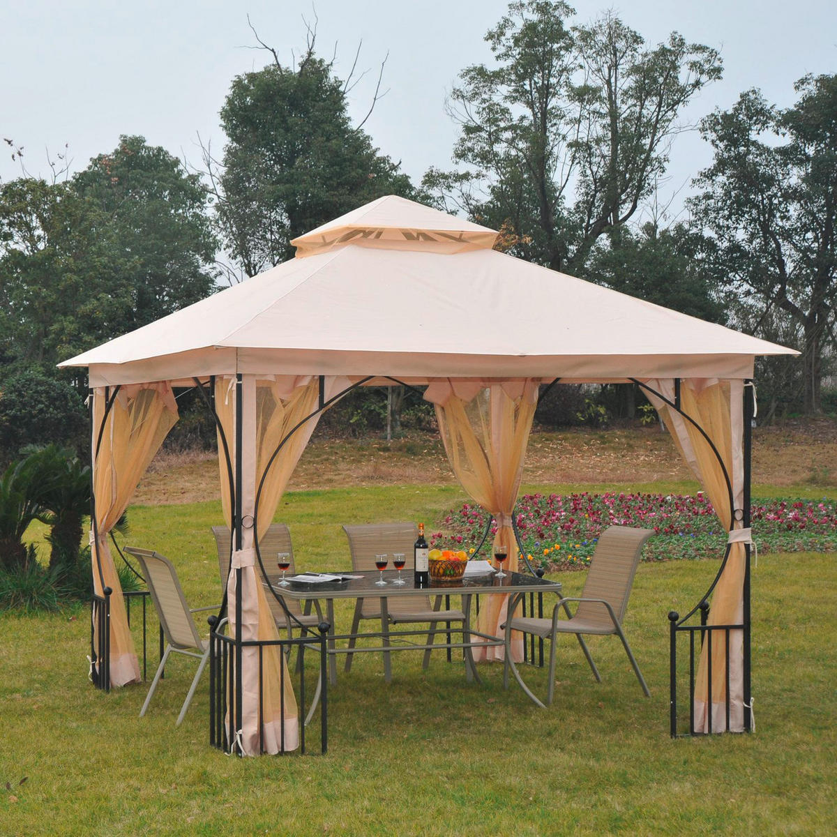 Outsunny Gartenpavillon beige Metall B/H/L: ca. 300x275x300 cm Gartenpavillon_mit_Doppeldach - beige/schwarz (300,00/300,00/275,00cm) - Outsunny