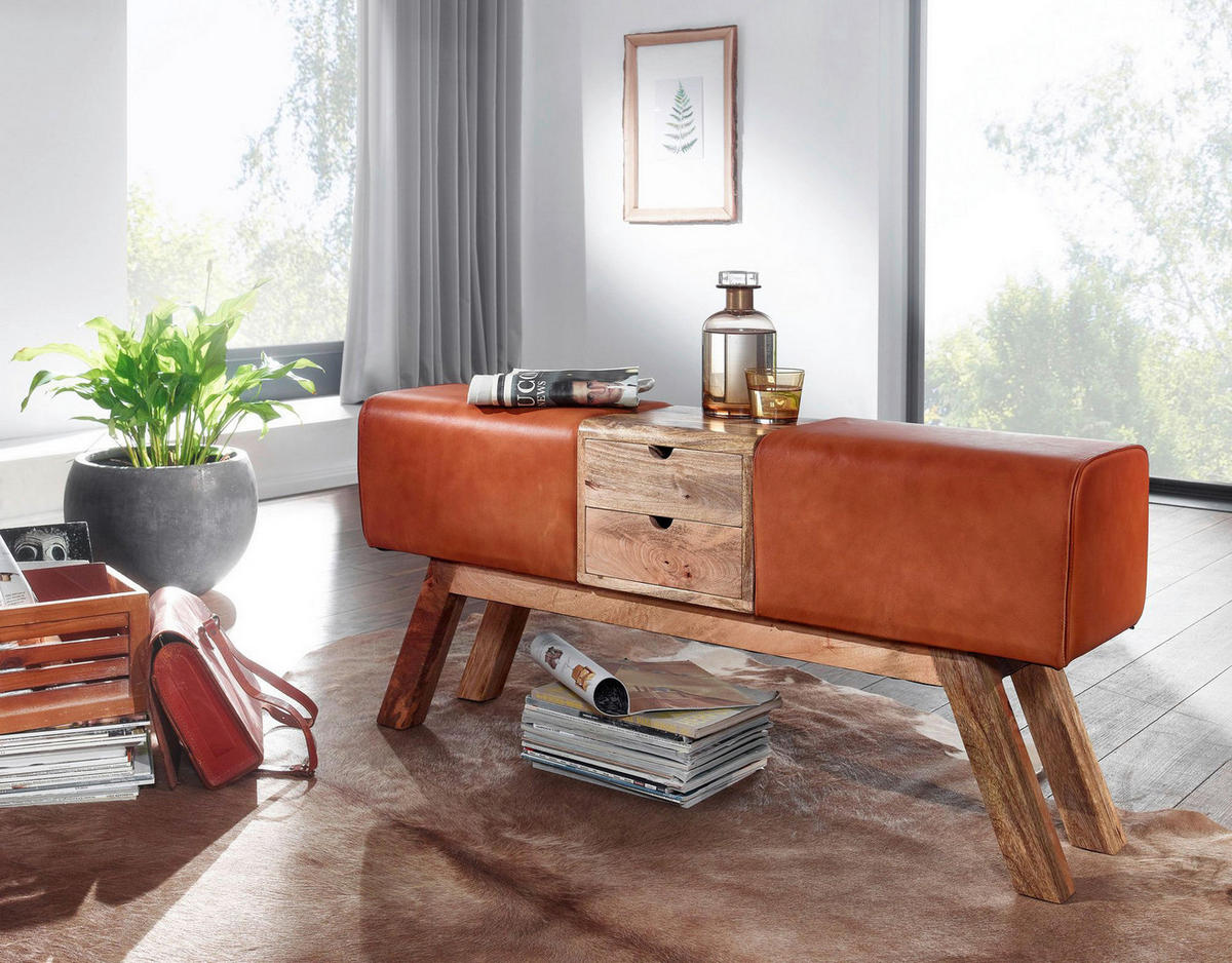 Wohnling Sitzbank braun natur Leder Echtholz B/H/T: ca. 120x56x30 cm Sitzbank - braun/natur (120,00/56,00/30,00cm) - Wohnling