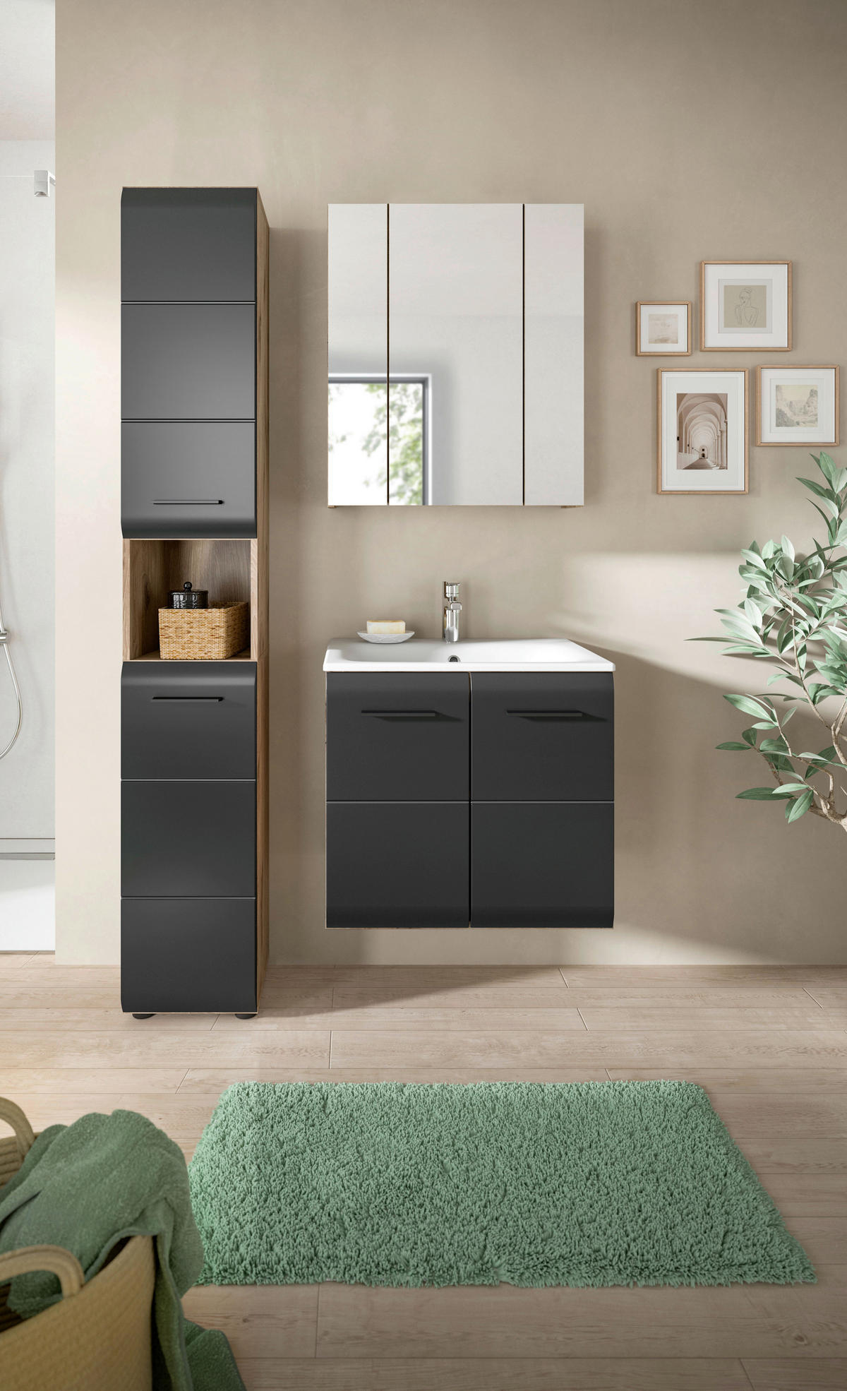 Badezimmer-Set Ice Nox Oak Nachbildung schwarz matt B/H/T: ca. 105x185x46 cm Ice - schwarz (105,00/185,00/46,00cm) - xonox.home