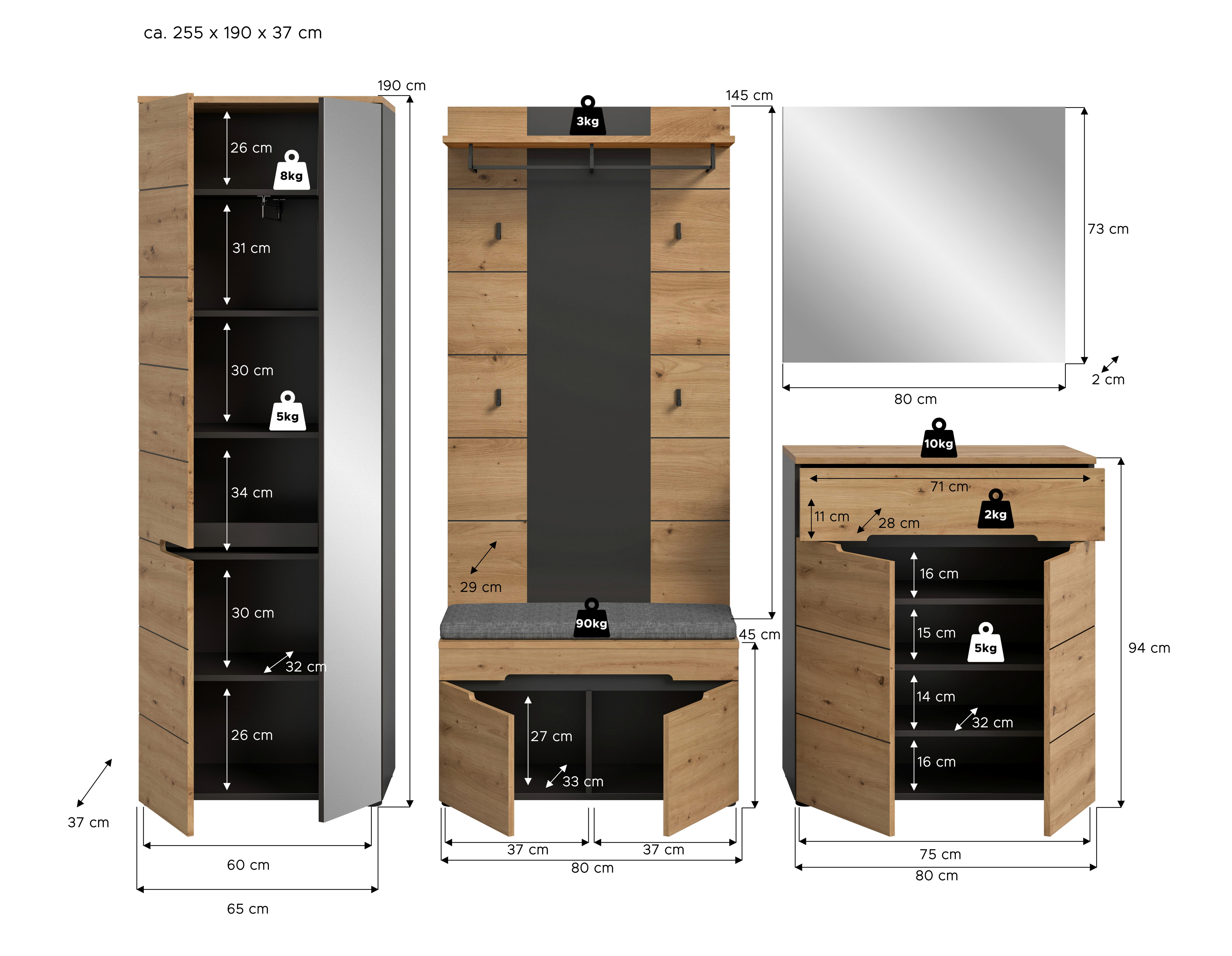 Garderobe Canu basaltgrau Nachbildung Artisan Nachbildung B/H/T: ca. 255x190x37 cm Canu - basaltgrau (255,00/190,00/37,00cm) - xonox.home