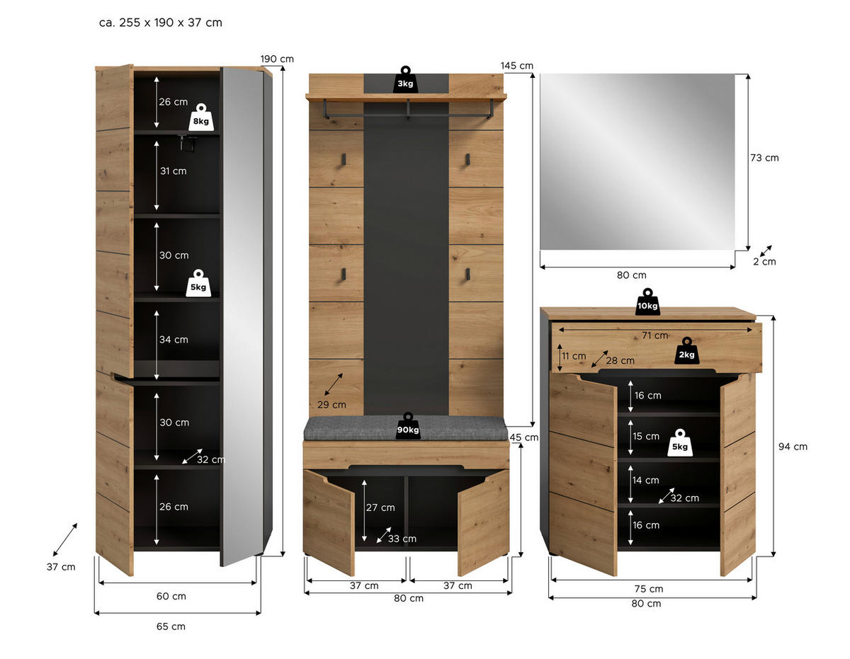 Garderobe Canu basaltgrau Nachbildung Artisan Nachbildung B/H/T: ca. 255x190x37 cm Canu - basaltgrau (255,00/190,00/37,00cm) - xonox.home