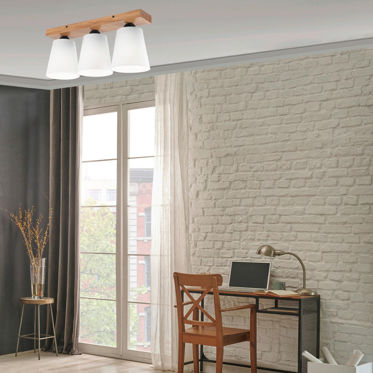 Lamkur Deckenleuchte LULA 47591 Eiche weiß Holz Textil H/L: ca. 21x50 cm E27 3 Brennstellen Lula - Eiche/weiß (50,00cm) - Lamkur