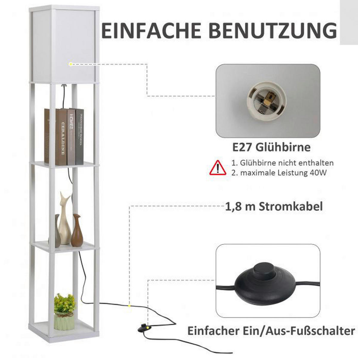 HOMCOM Stehleuchte 833-623V90WT 833-623V90WT weiß Acryl Kunststoff B/H/L: ca. 26x160x26 cm E27 1 Brennstellen Stehleuchte 833-623V90WT - weiß (26,00/26,00/160,00cm) - HOMCOM
