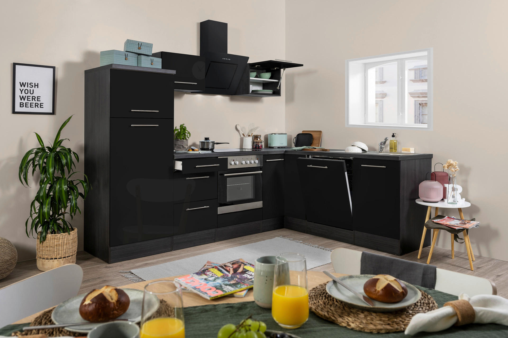 Respekta Küchenblock Premium schwarz hochglänzend B/H/T: ca. 200x200x60 cm Premium - Eiche/schwarz (200,00/200,00/60,00cm) - Respekta