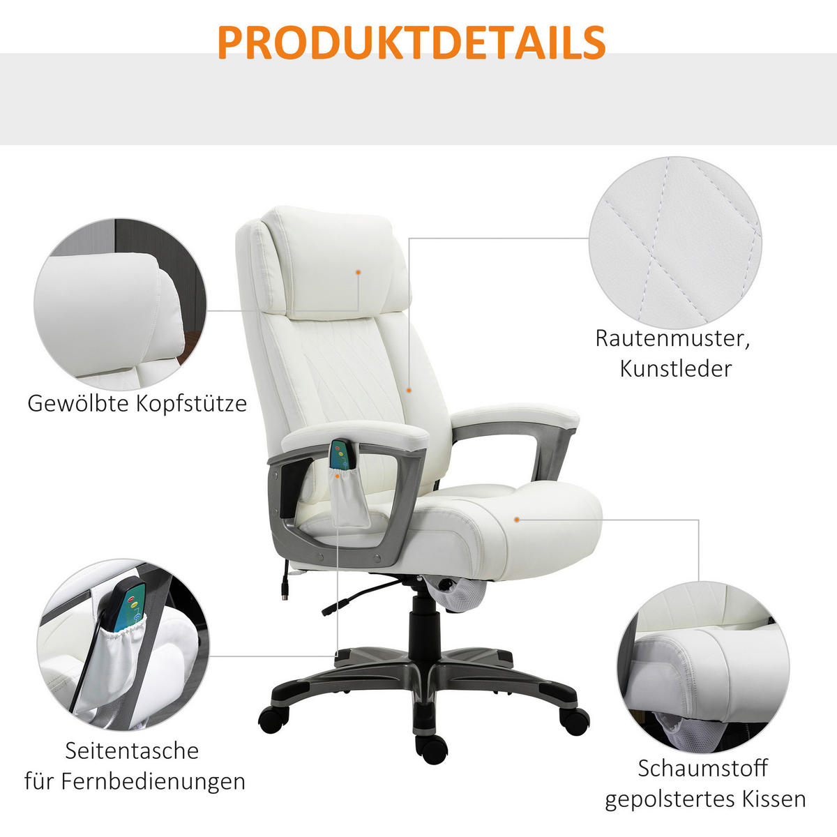Chefsessel 921-362V90WT weiß Kunstleder Nylon Schaumstoff 921-362V90WT - weiß (70,00/124,00/76,50cm) - Vinsetto