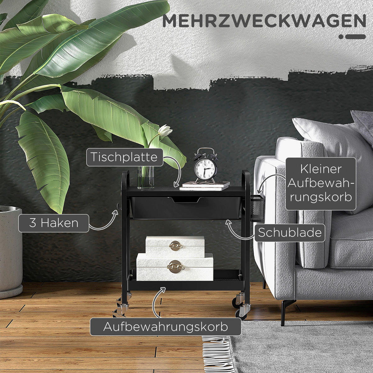 HOMCOM Rollwagen schwarz Edelstahl B/H/L: ca. 32,6x61x58,5 cm Rollwagen - schwarz (58,50/32,60/61,00cm) - HOMCOM