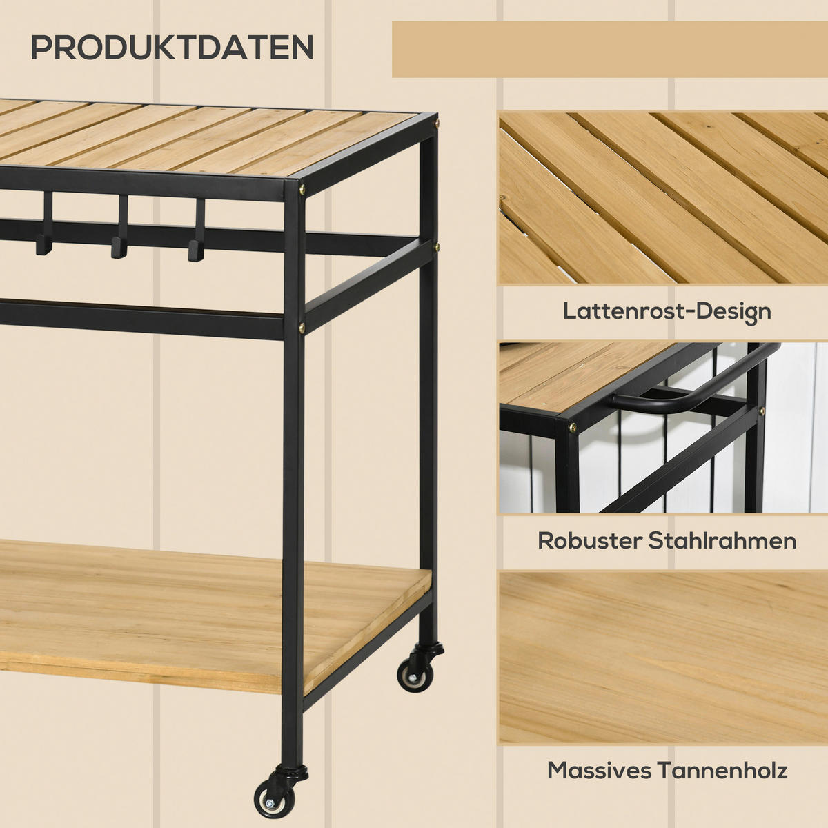 Outsunny Servierwagen natur Stahl B/H/L: ca. 65x80x107 cm Servierwagen - natur (107,00/65,00/80,00cm) - Outsunny
