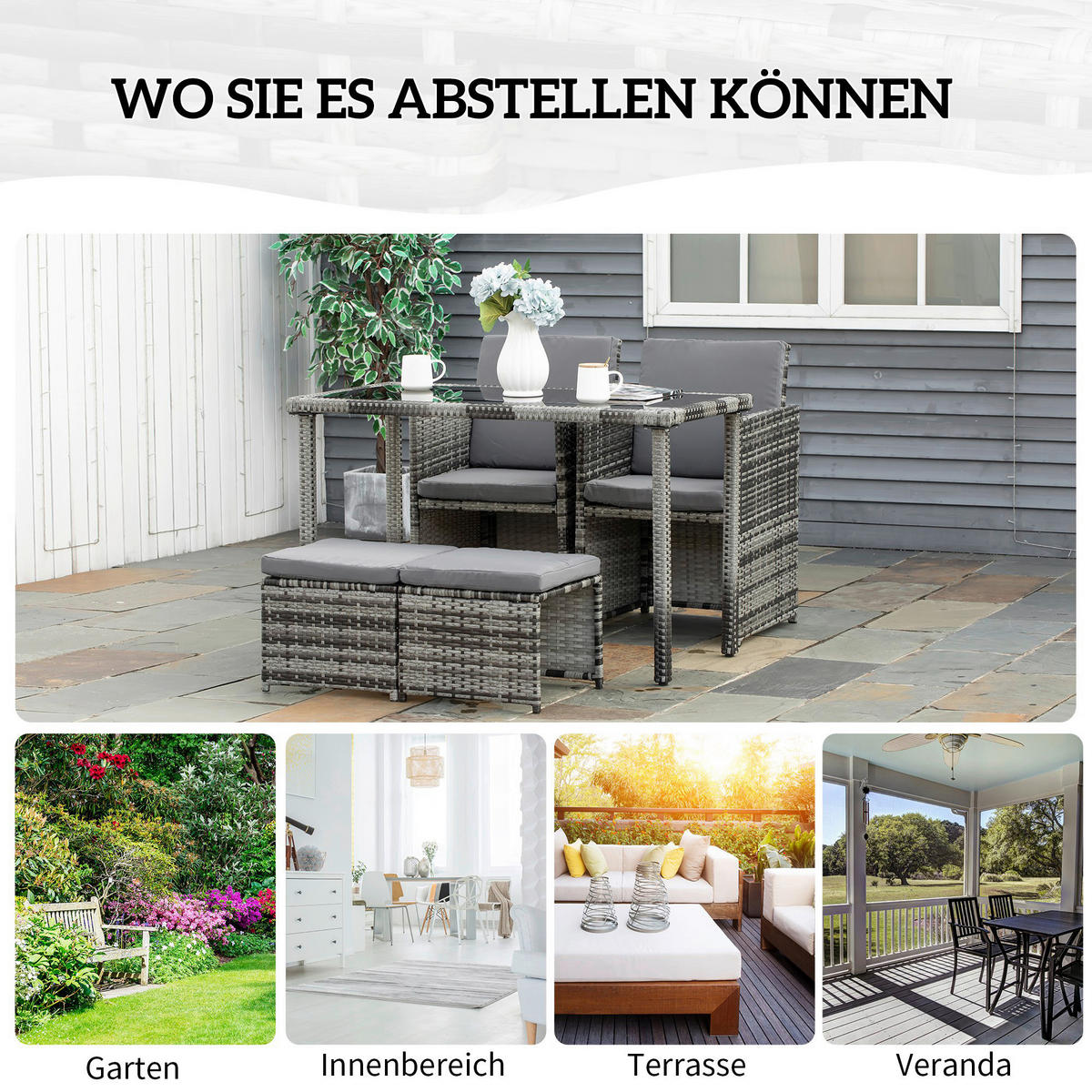 Outsunny Sitzgruppe grau Glas B/H/L: ca. 60x120x72 cm Sitzgruppe - grau (72,00/60,00/120,00cm) - Outsunny