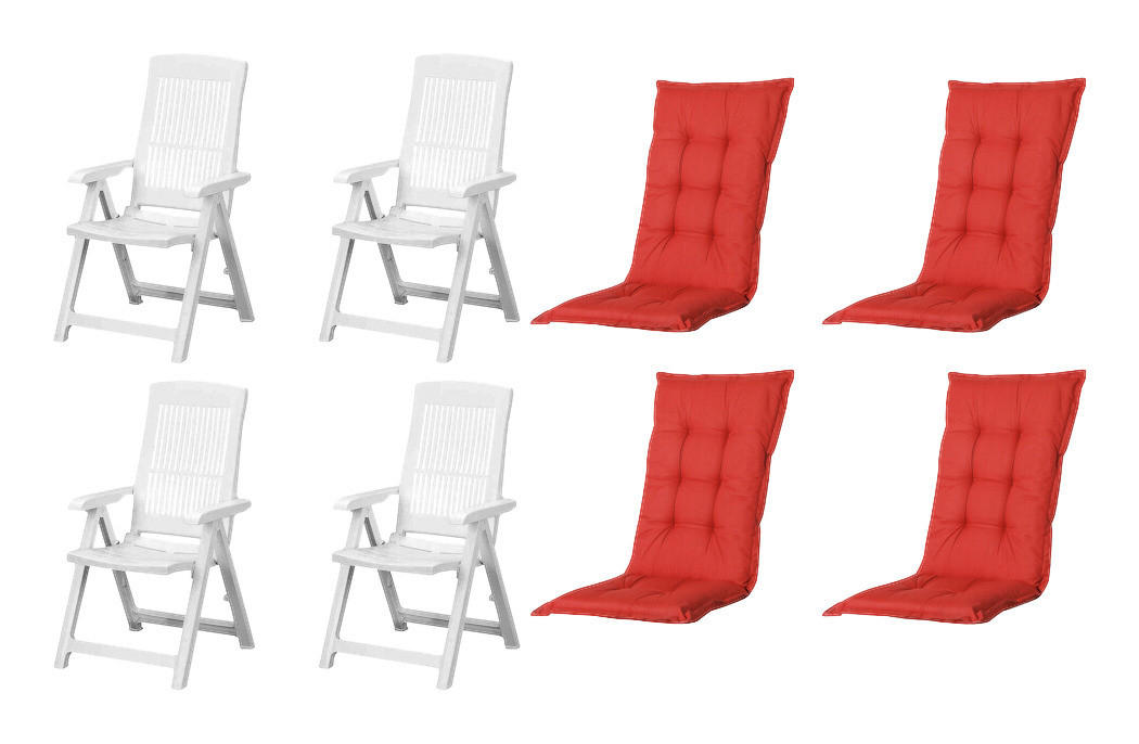 PROGARDEN,MADISON Klappsessel Set + Auflagen Tampa weiß Kunststoff B/H/L: ca. 61x109x60 cm Tampa - weiß/rot (60,00/61,00/109,00cm) - PROGARDEN,MADISON