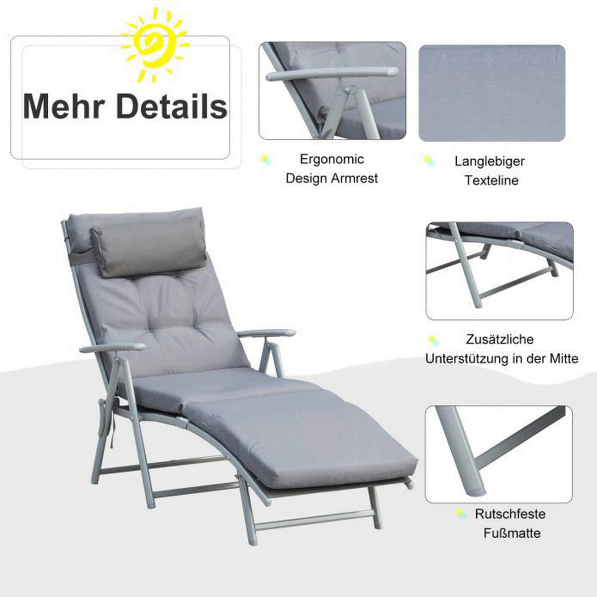 Outsunny Sonnenliege grau Metall B/H/L: ca. 64x101x180 cm Sonnenliege - grau (180,00/64,00/101,00cm) - Outsunny