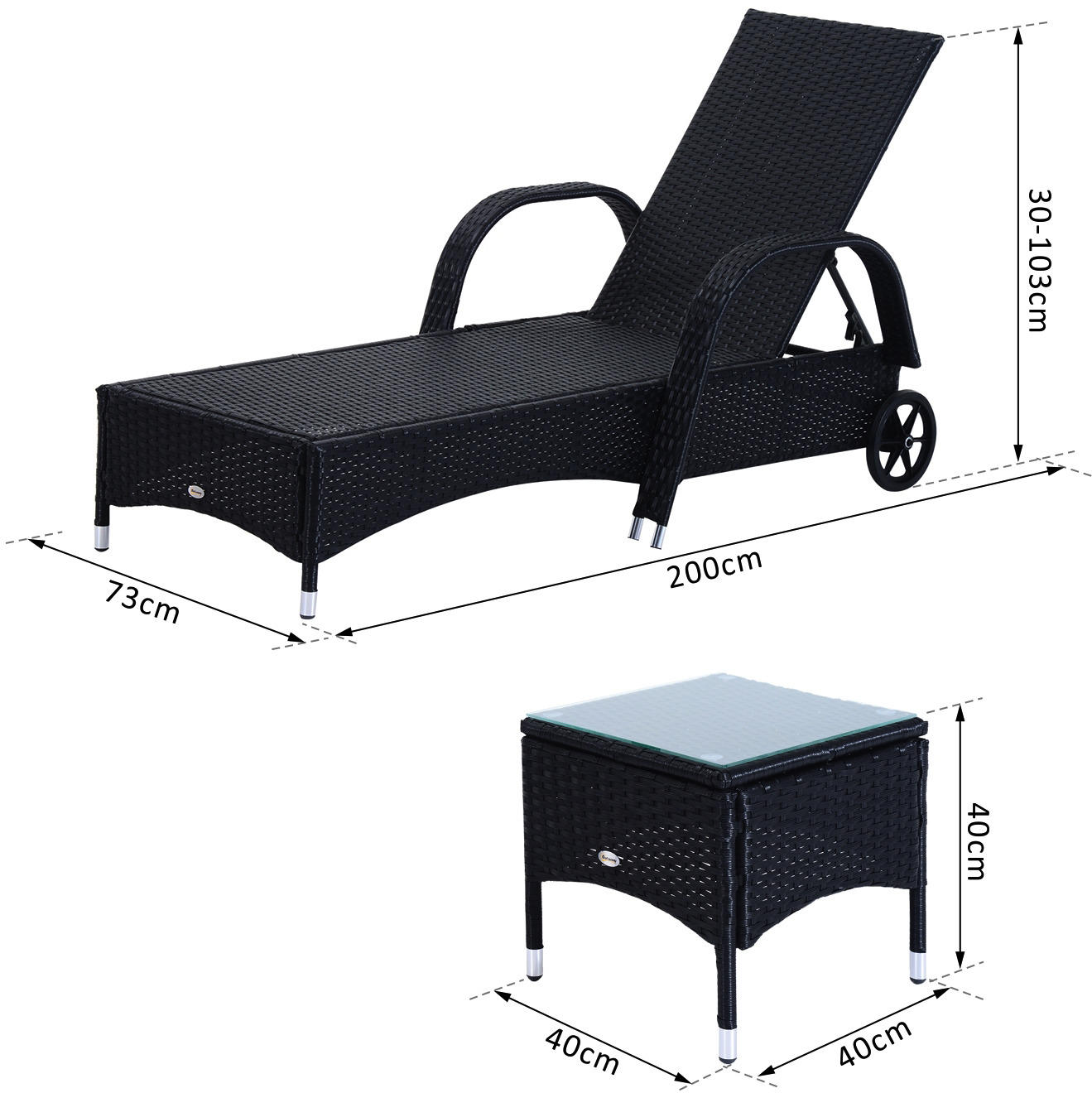Outsunny Rattan Sonnenliege mit Tisch schwarz Metall B/H/L: ca ...