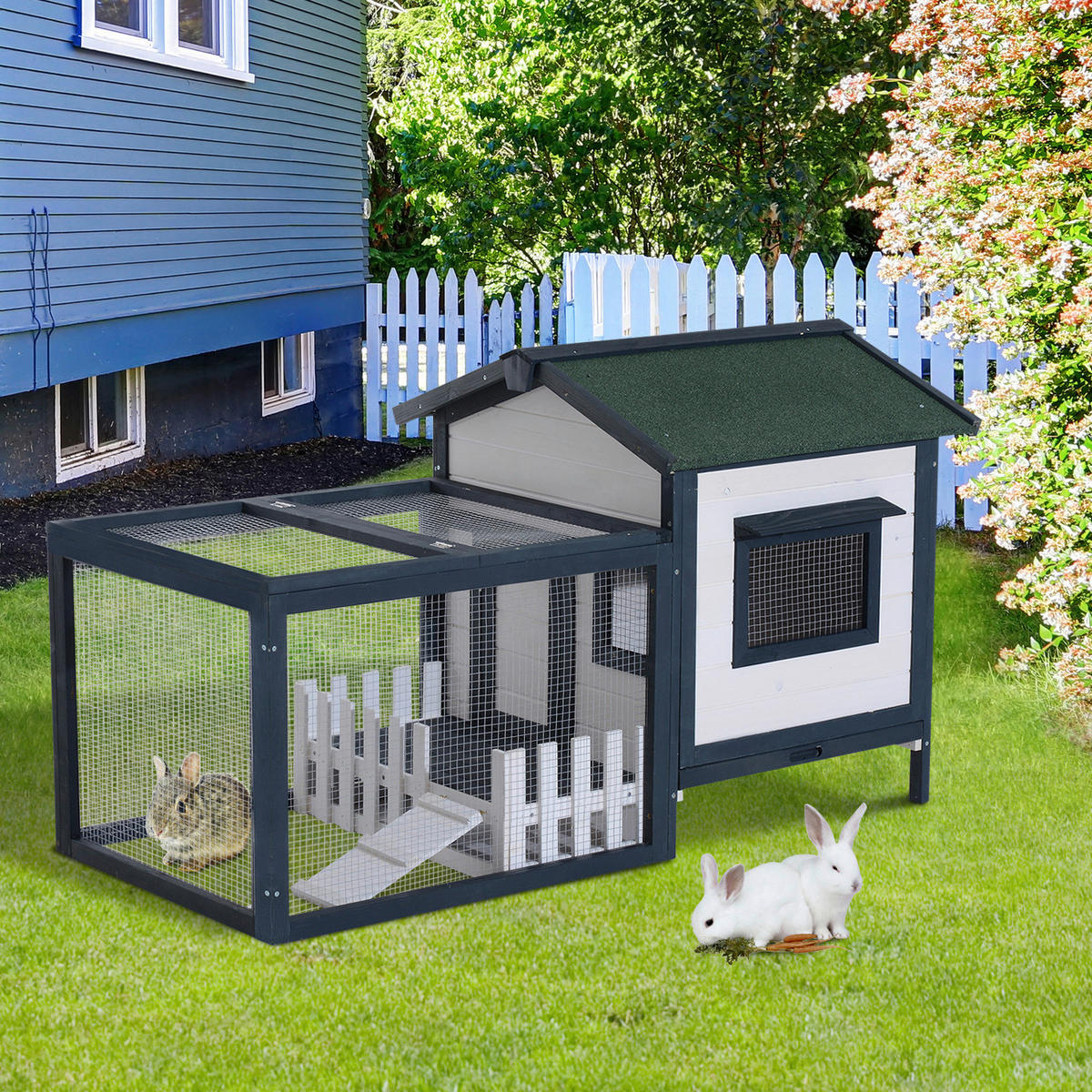 PawHut Meerschweinchenstall grün Holz B/H/L: ca. 78x84x151 cm Meerschweinchenstall mit Freigehege - weiß/grün (151,00/78,00/84,00cm) - PawHut