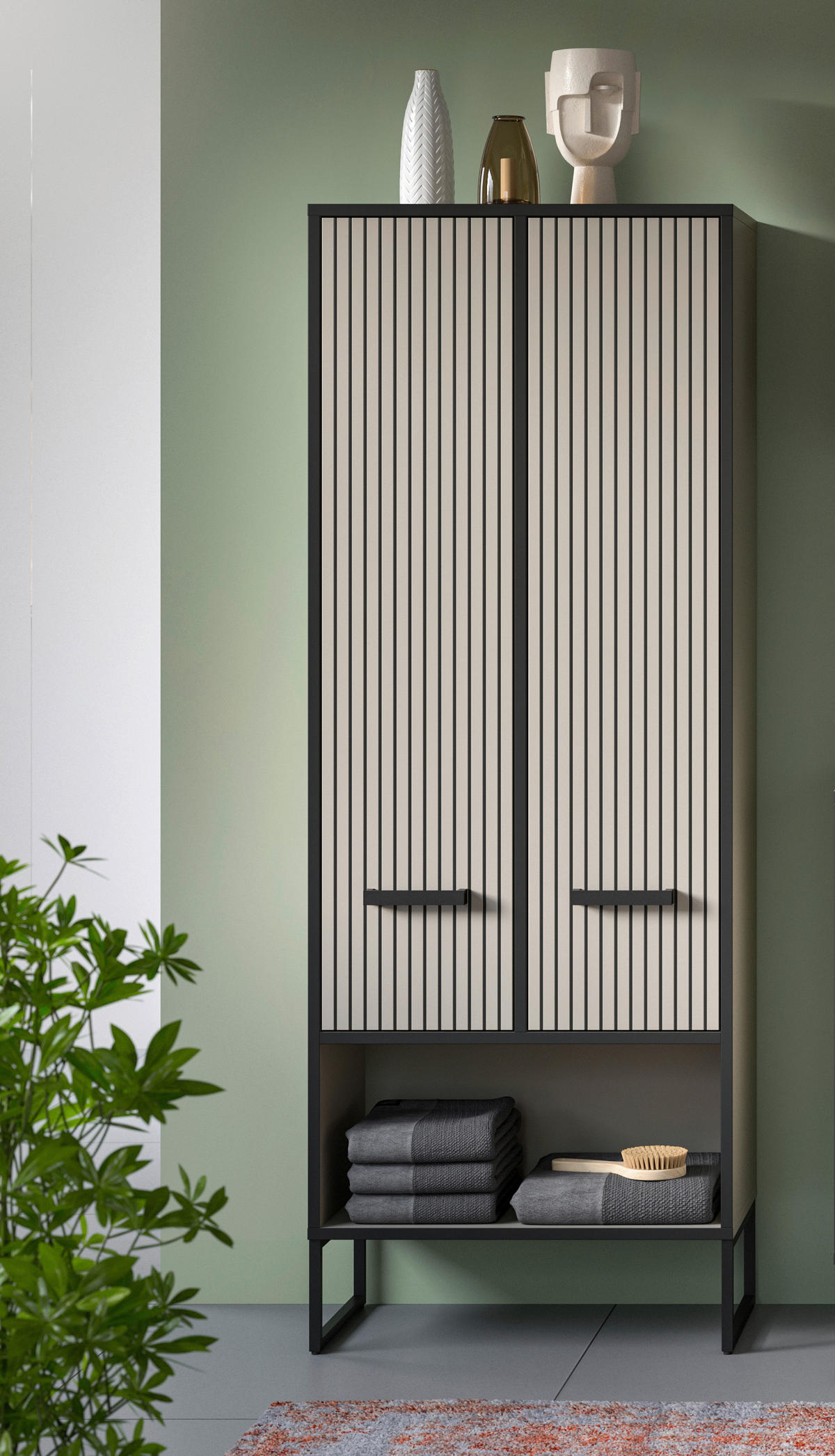 Badhochschrank BAGNO schwarz Kaschmirgrau Nachbildung B/H/T: ca. 59x159x32 cm BAGNO - schwarz (59,00/159,00/32,00cm) - xonox.home