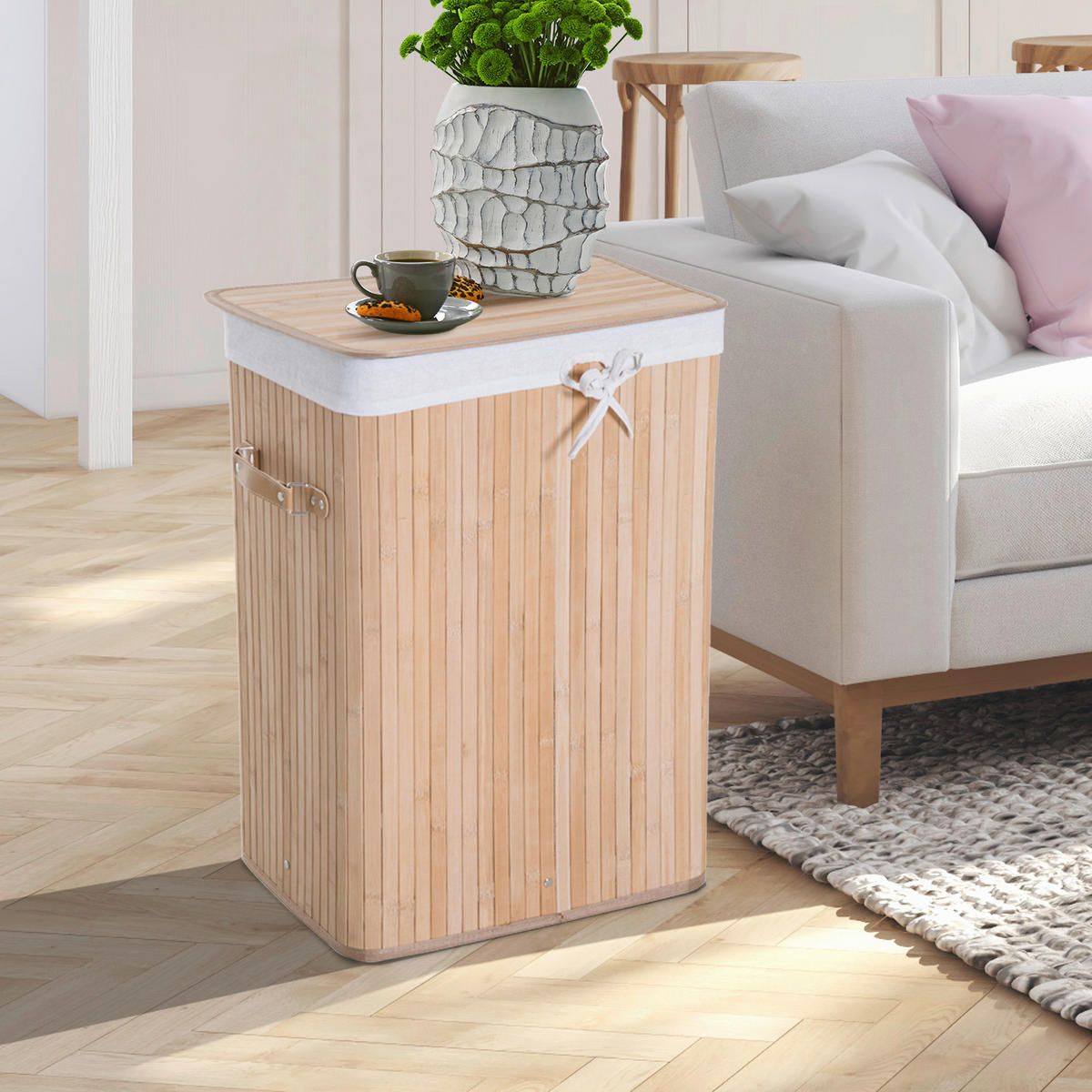 Wäschekorb mit 2 Tragegriffen natur Bambus Stoff Kunststoff B/H/L: ca. 30x60x40 cm Wäschekorb 850-017 - natur (40,00/30,00/60,00cm) - HOMCOM